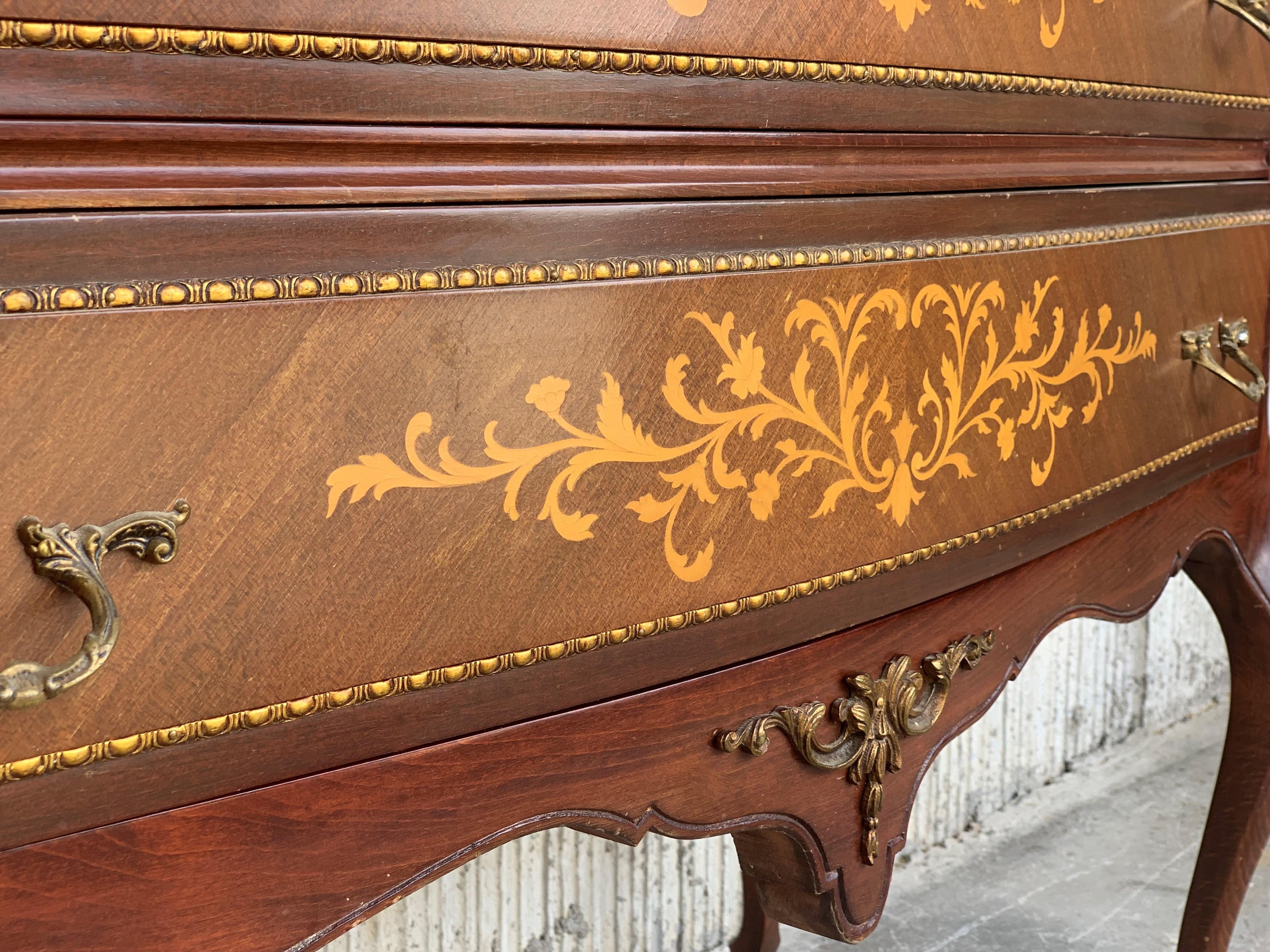 20th Century Marquetry Chest of Drawers with Bronze Details and Cream Marble Top For Sale 2