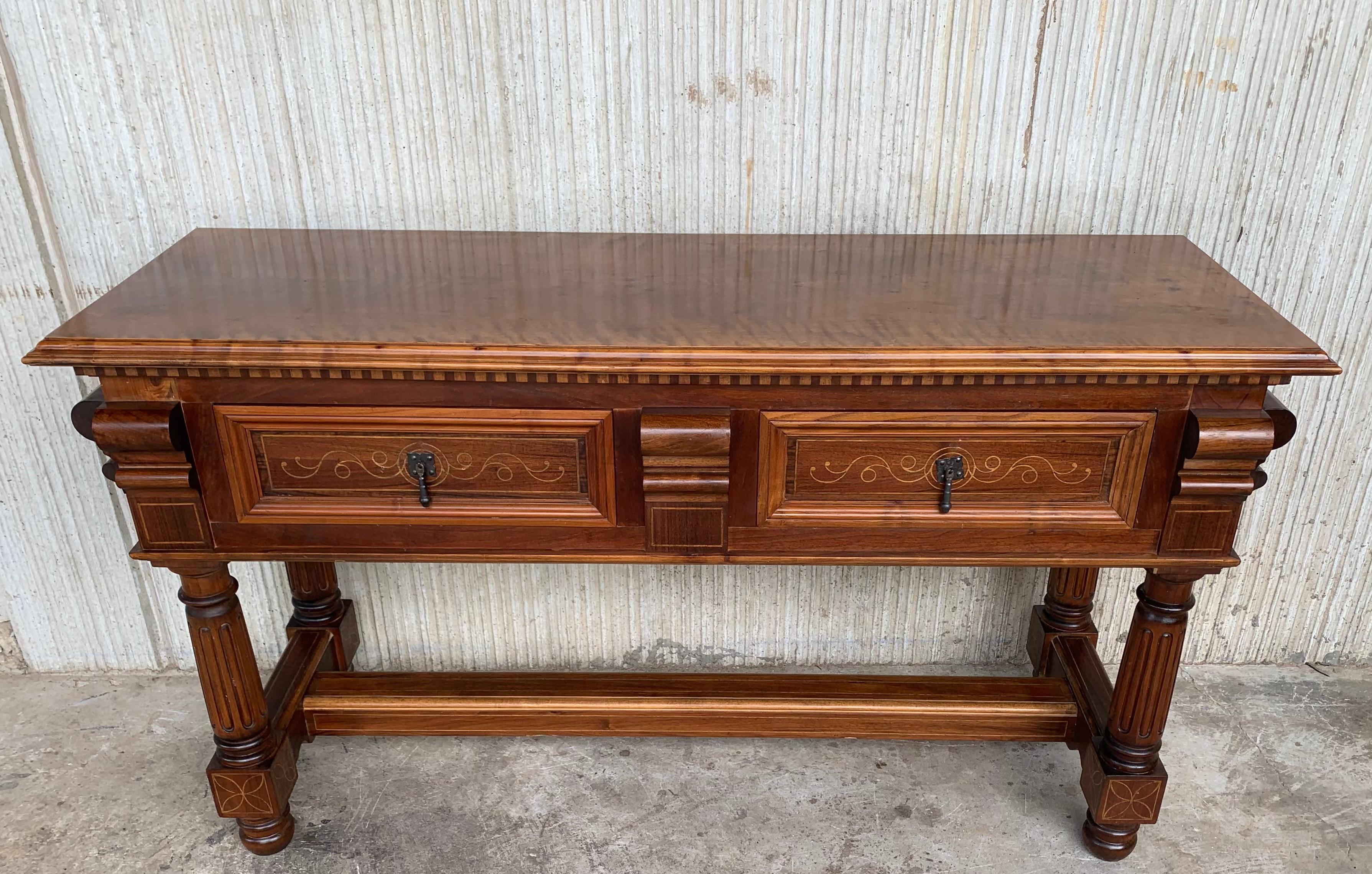 20th Marquetry Two-Drawer Spanish Chesnut Console Table with Iron Hardware In Good Condition In Miami, FL