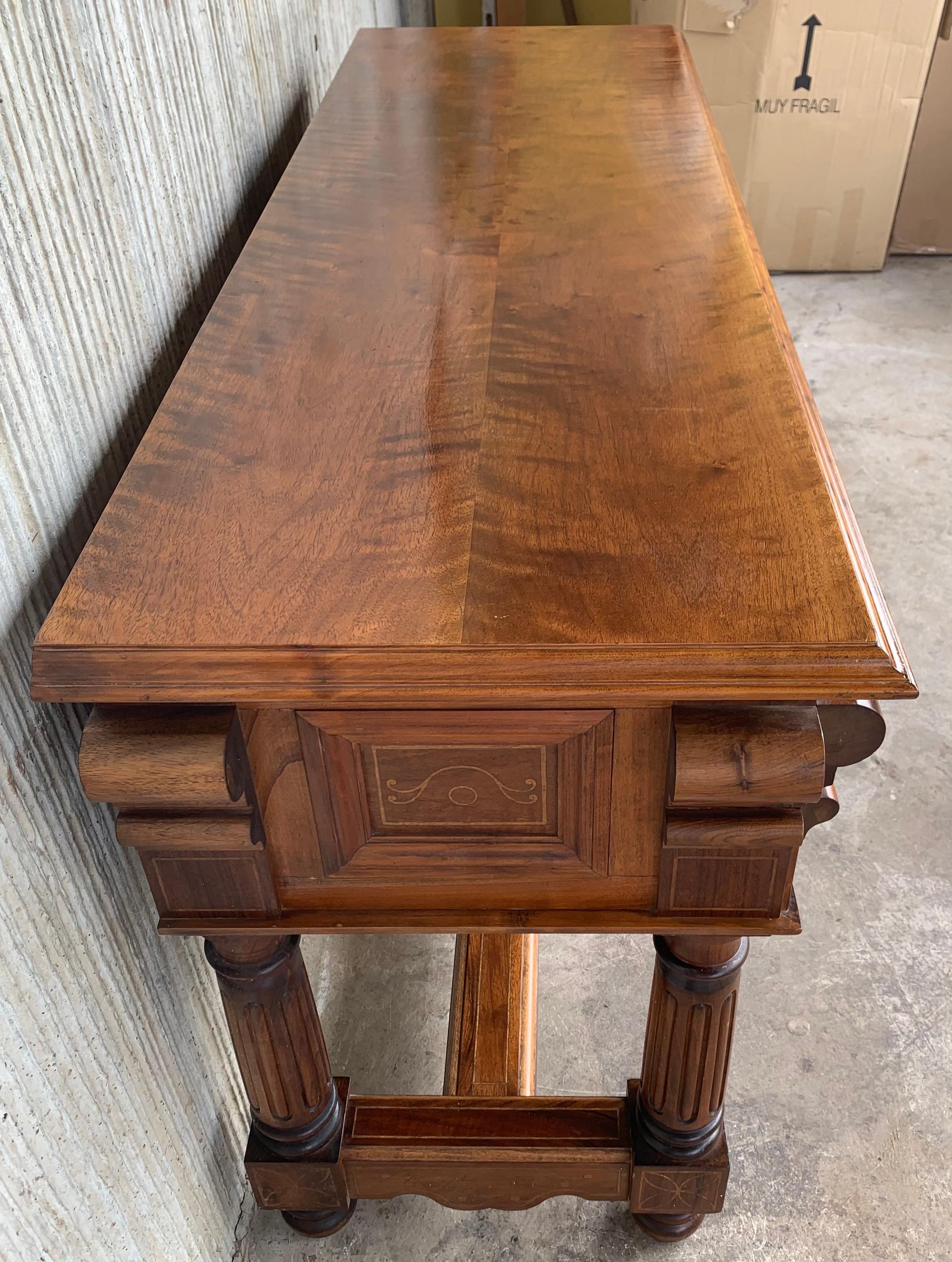 20th Century 20th Marquetry Two-Drawer Spanish Chesnut Console Table with Iron Hardware