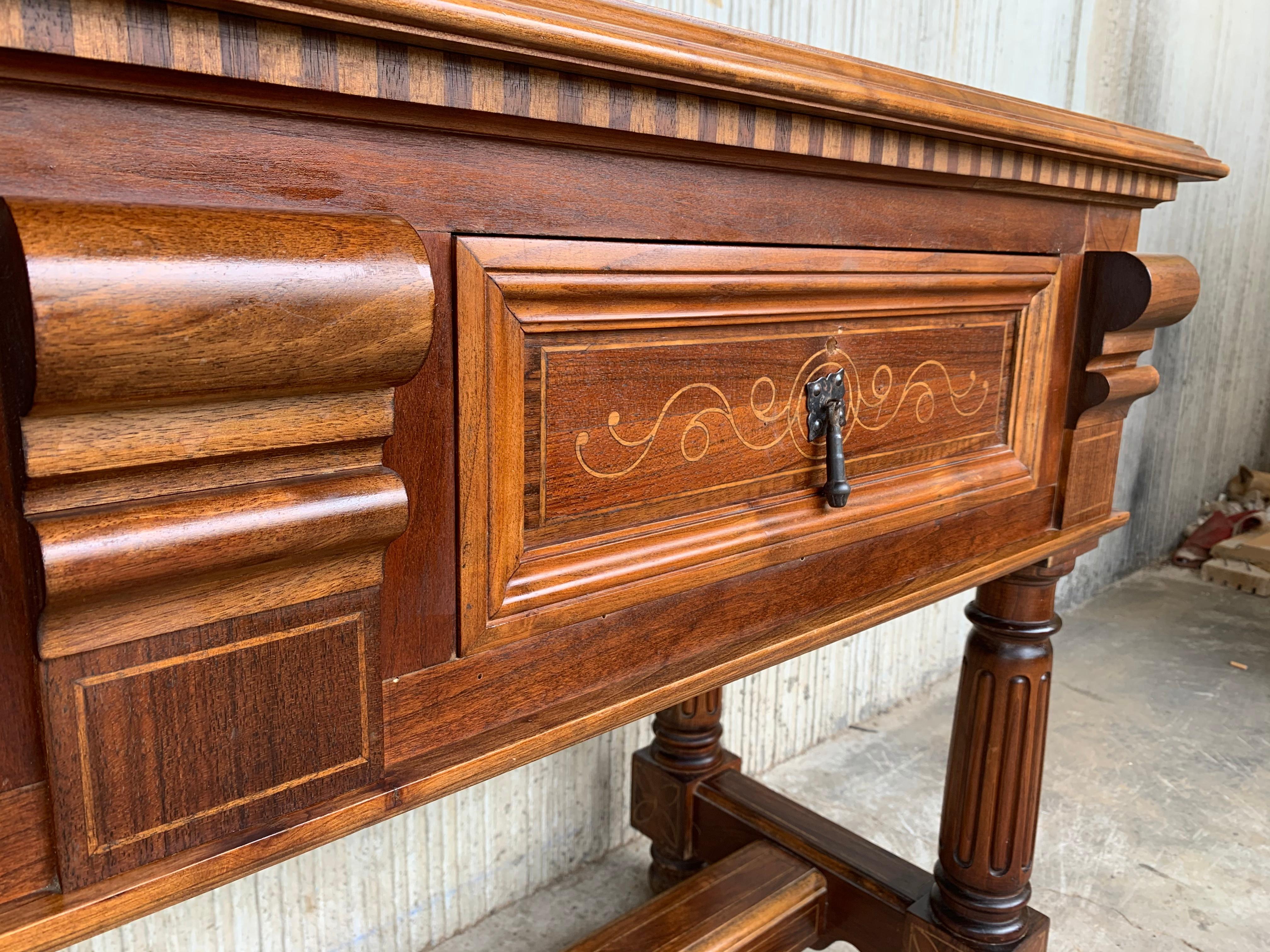 Walnut 20th Marquetry Two-Drawer Spanish Chesnut Console Table with Iron Hardware