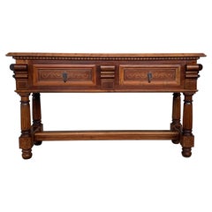 20th Marquetry Two-Drawer Spanish Chesnut Console Table with Iron Hardware