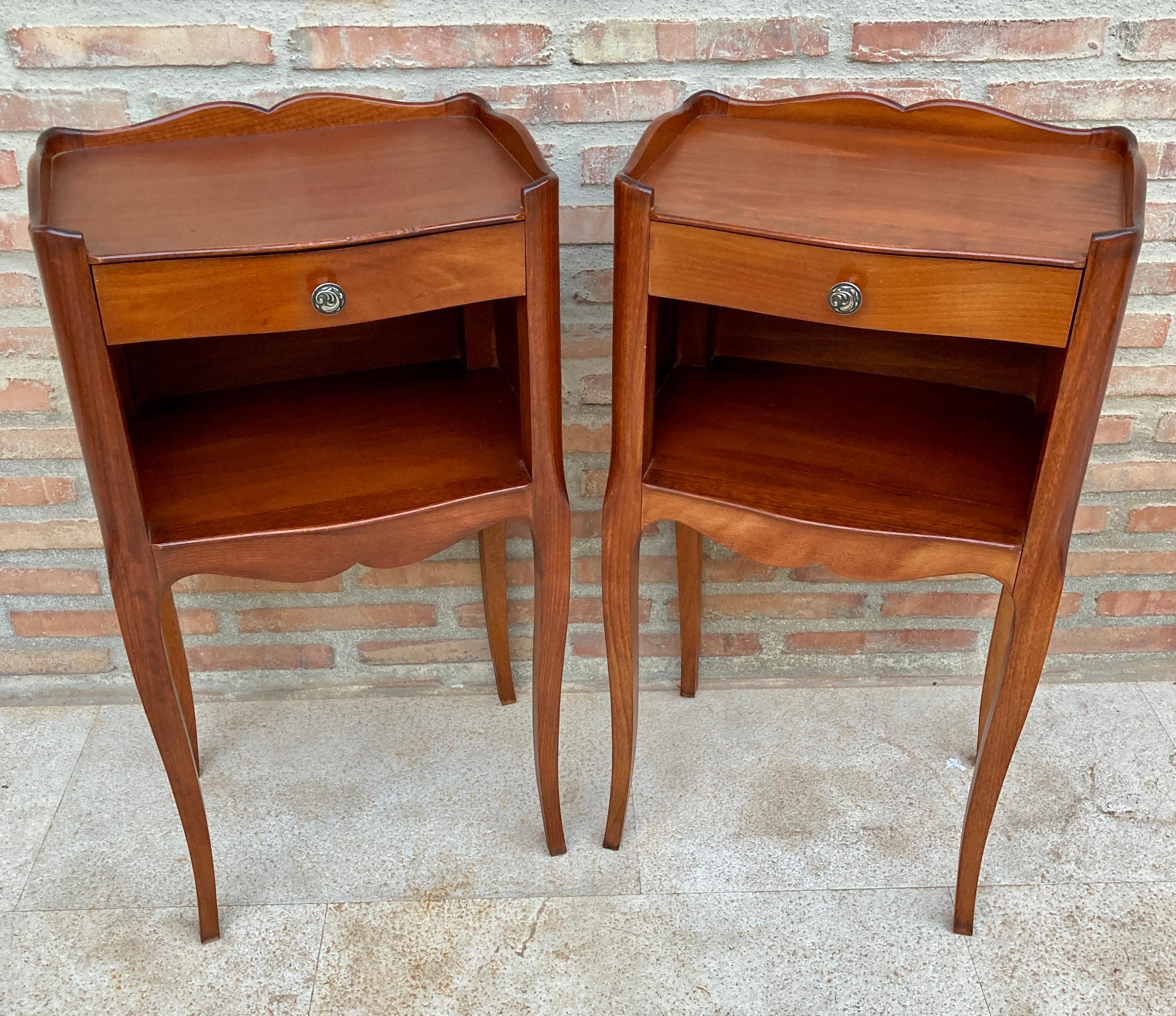 French 20th Marquetry Walnut Nightstands Tables With Drawer And Open Shelf, 1940, Set O For Sale