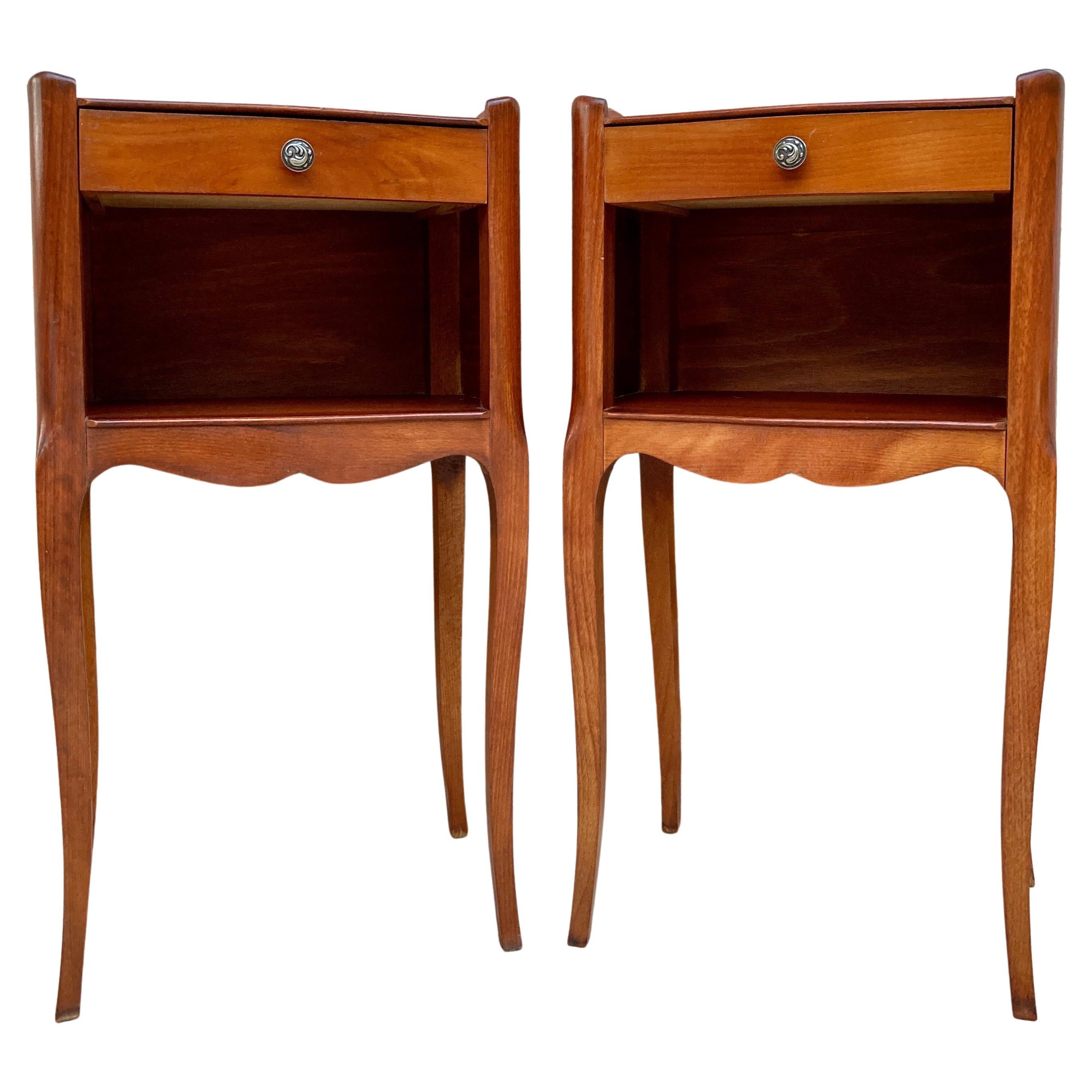 20th Marquetry Walnut Nightstands Tables With Drawer And Open Shelf, 1940, Set O For Sale