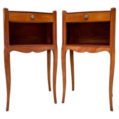 Vintage 20th Marquetry Walnut Nightstands Tables With Drawer And Open Shelf, 1940, Set O