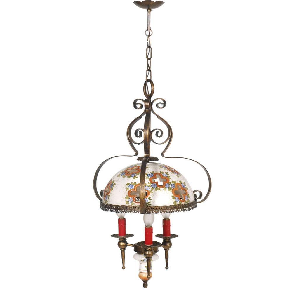 20th Mid-Century three lights Bassano chandelier hand-painted ceramic and burnished brass period 1950s. Burnished steel top structure.
With revised functioning electrical system.

Chandelier that enriches your kitchen or tavern
Measure in cm: