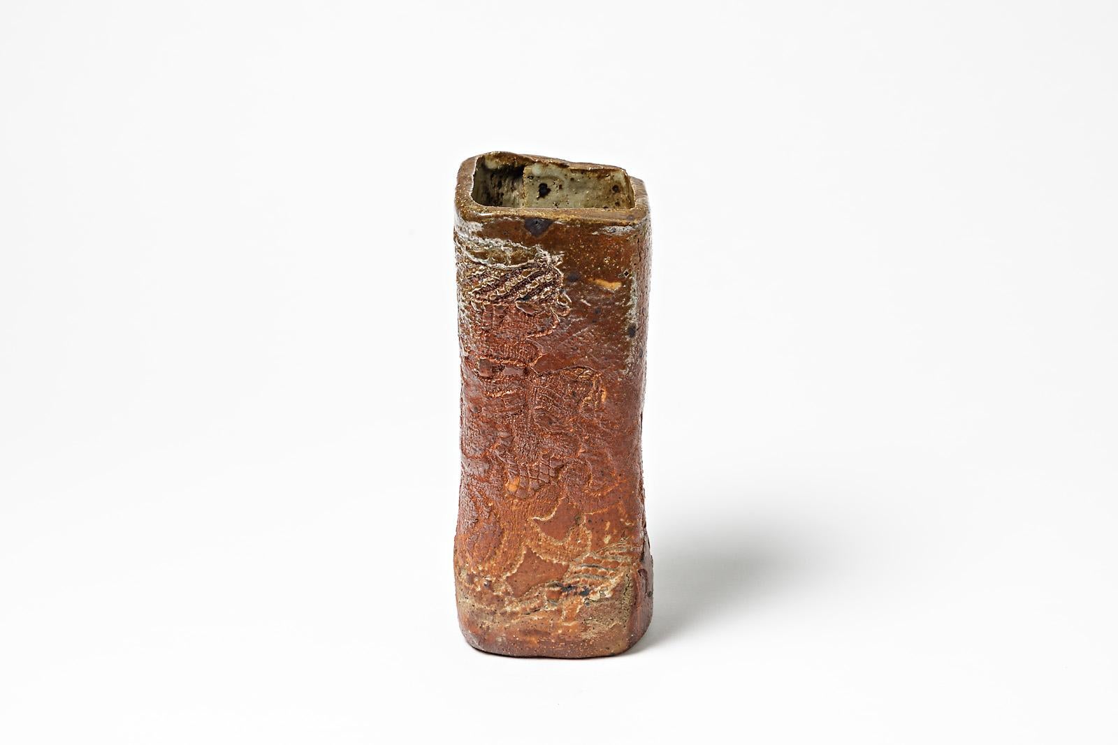 Mid-Century Modern 20th Midcentury Brown Stoneware Ceramic Vase by Barbara Delfosse La Borne 1970