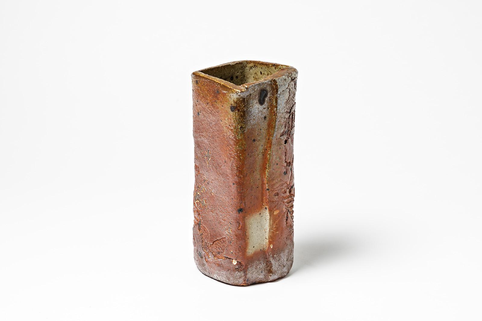 French 20th Midcentury Brown Stoneware Ceramic Vase by Barbara Delfosse La Borne 1970