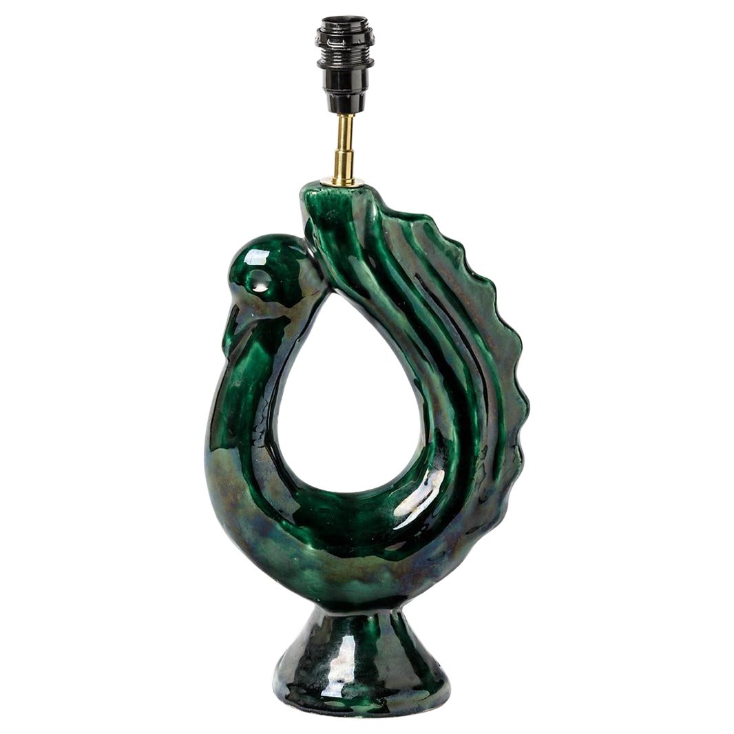 20th Mid Century Green Bird Ceramic Table Lamp Signed French Design, 1950 For Sale