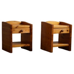 20th Midcentury, Pair of Brutalist Night Stands in Solid Pine, Denmark, 1970s