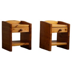 Retro 20th Midcentury, Pair of Brutalist Night Stands in Solid Pine, Denmark, 1970s