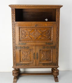 20th Mid-Century Spanish Buffet Secretaire, Escritoire Cabinet Oak