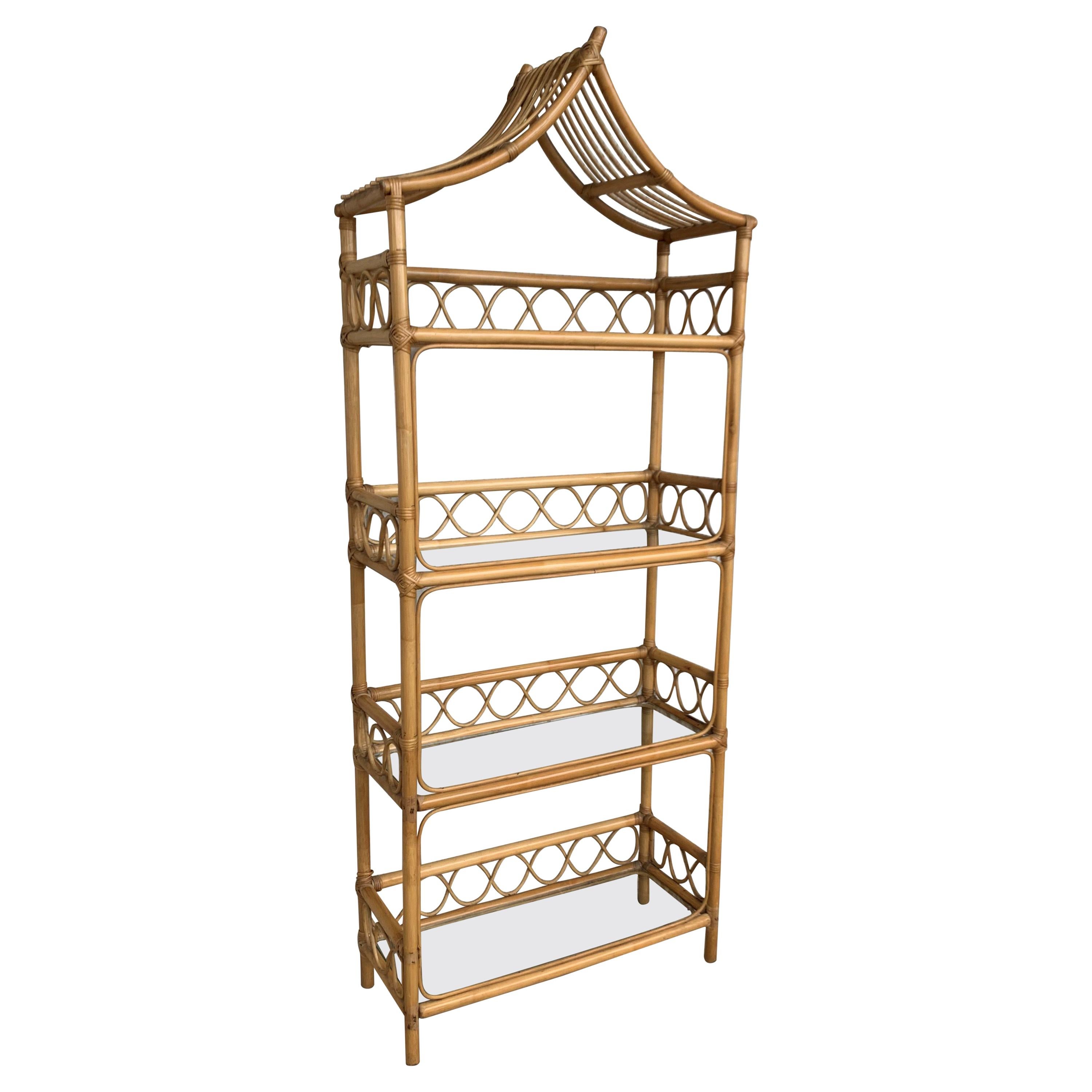 20th Century 20th Midcentury Bamboo and Glass Étagère, Pagoda Style. Four Shelves