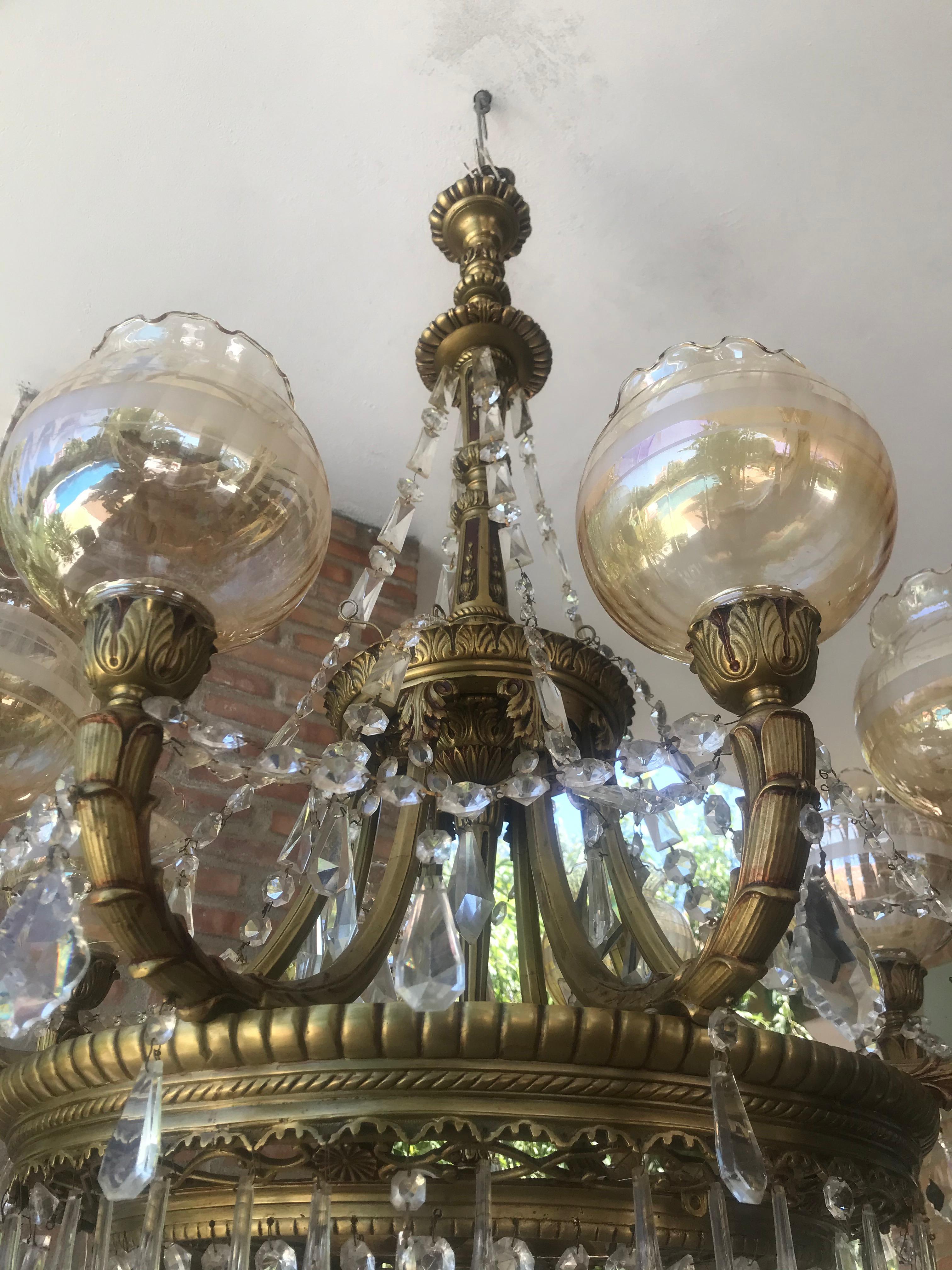 Neoclassical 8 Lamp Shades Spanish Crystal and Bronze Handcrafted Chandelier 8