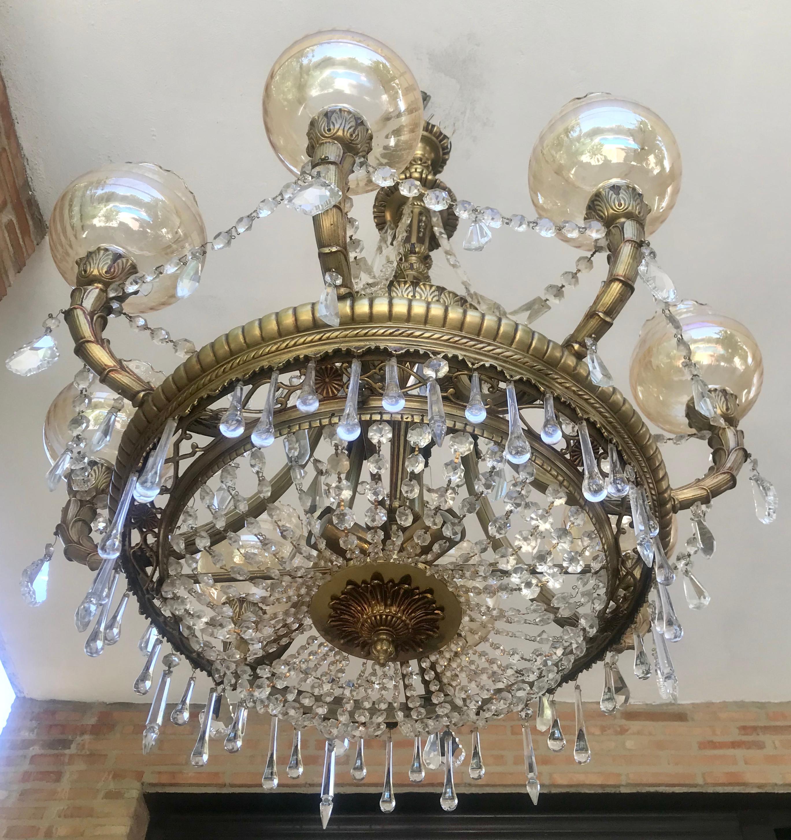 Late Victorian Neoclassical 8 Lamp Shades Spanish Crystal and Bronze Handcrafted Chandelier