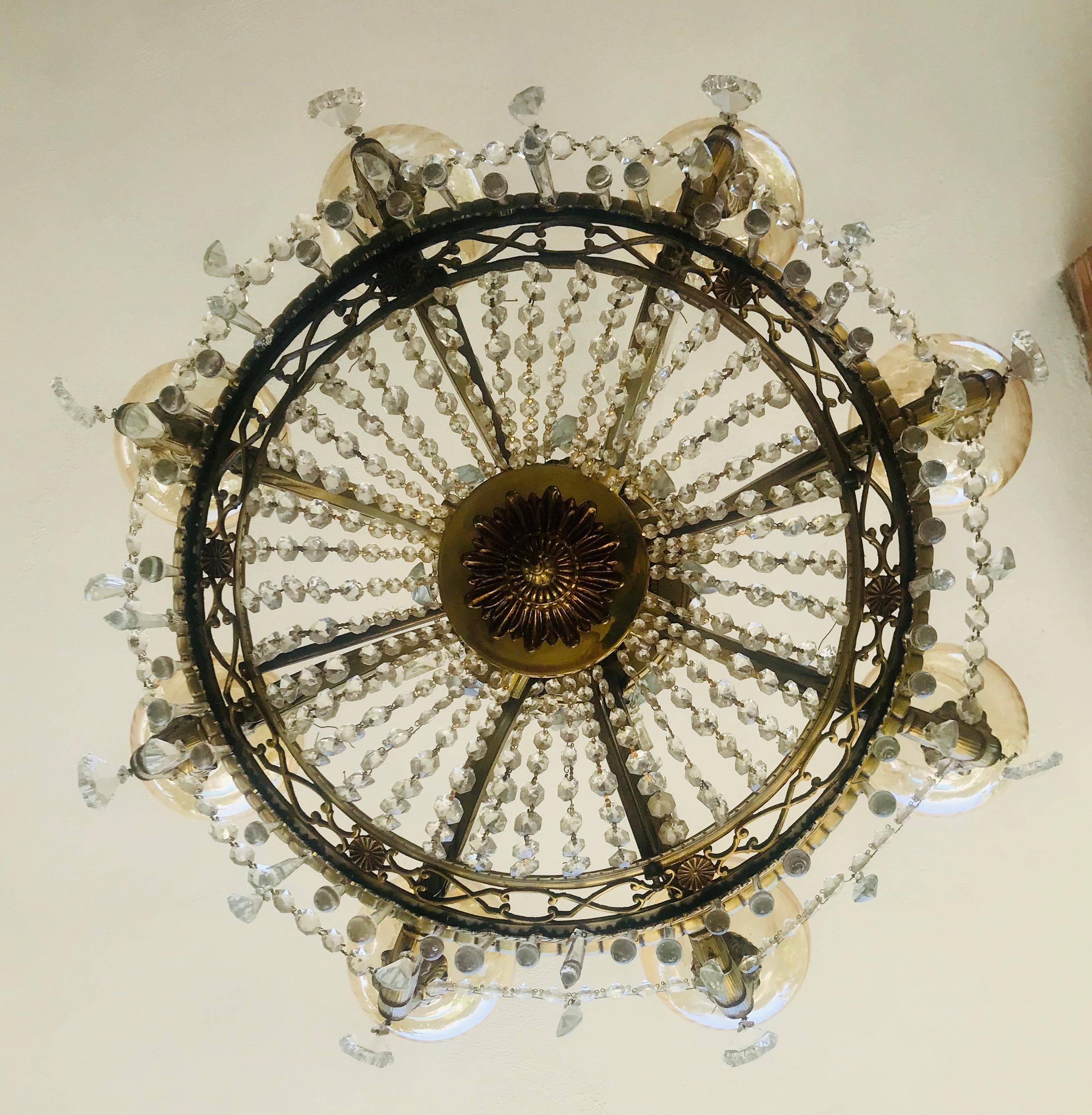 Neoclassical 8 Lamp Shades Spanish Crystal and Bronze Handcrafted Chandelier In Good Condition In Miami, FL