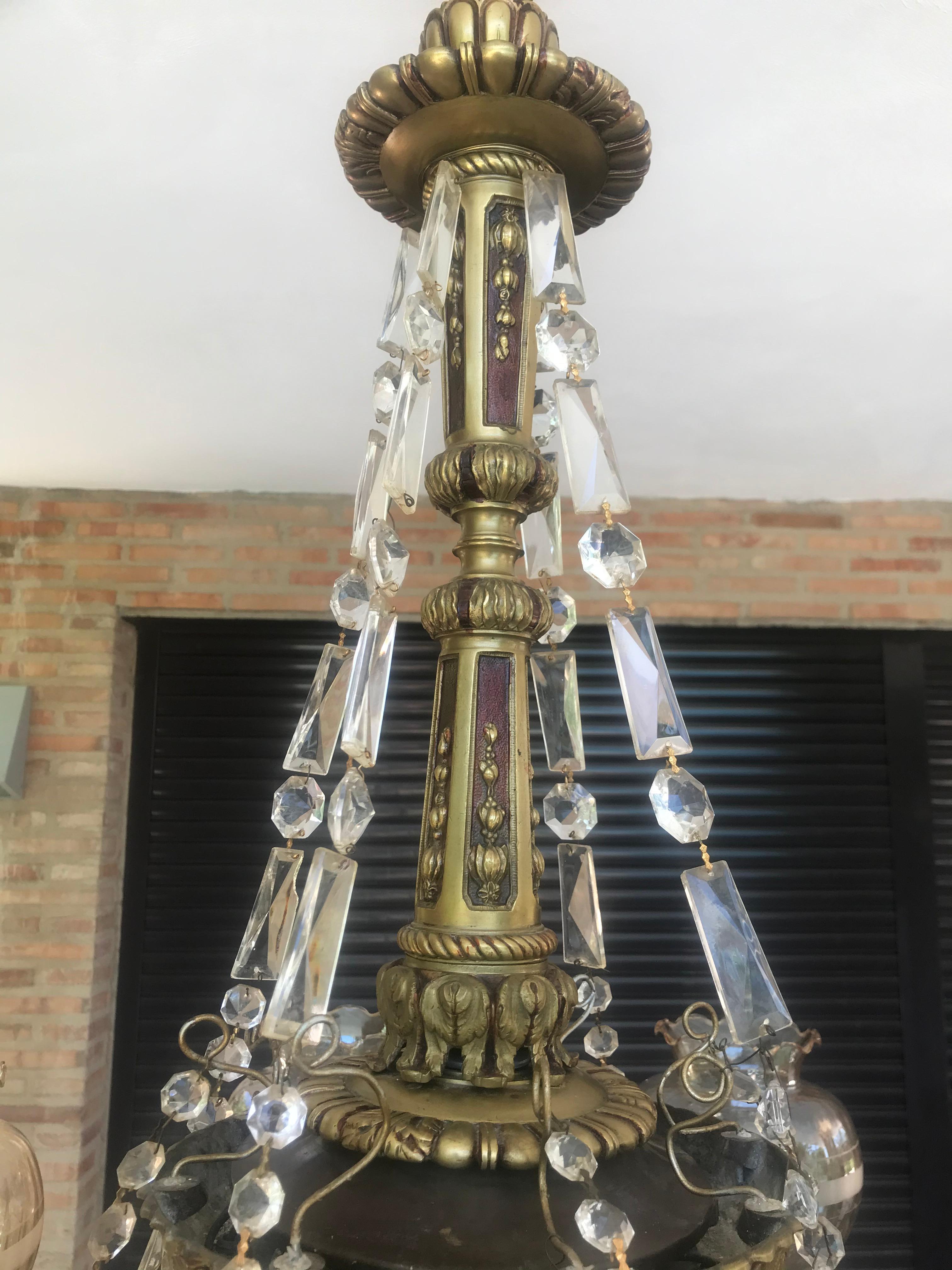 20th Century Neoclassical 8 Lamp Shades Spanish Crystal and Bronze Handcrafted Chandelier