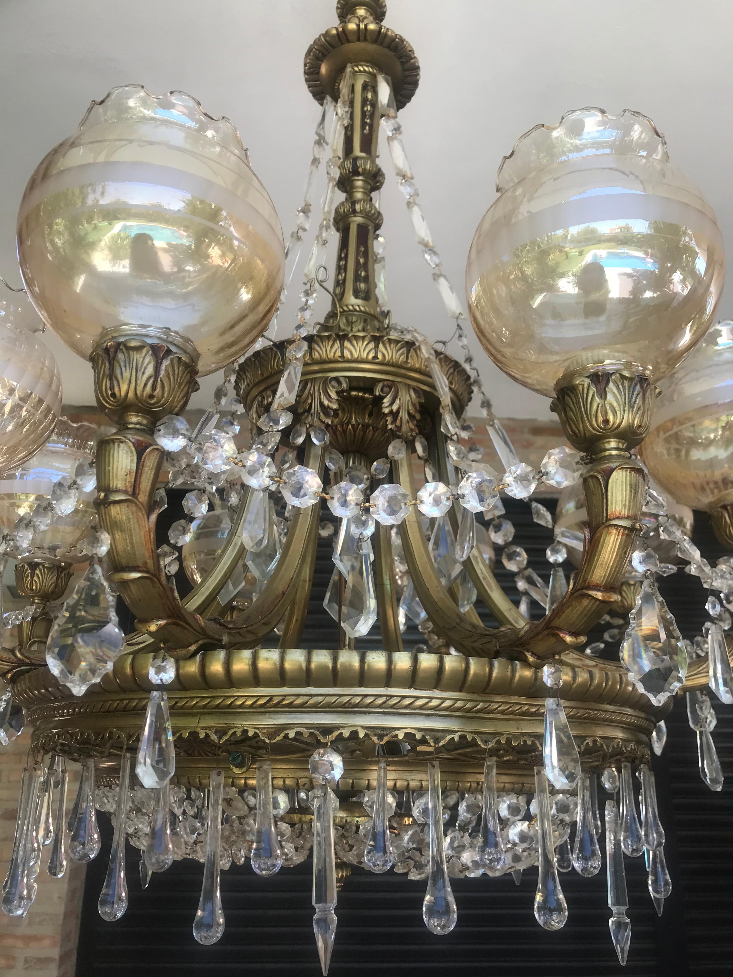 Neoclassical 8 Lamp Shades Spanish Crystal and Bronze Handcrafted Chandelier 3