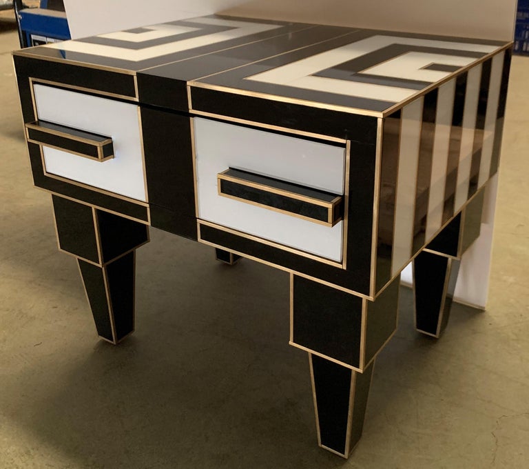 Pair of Mirrored and Brass Nightstands with OneDrawer in Black and