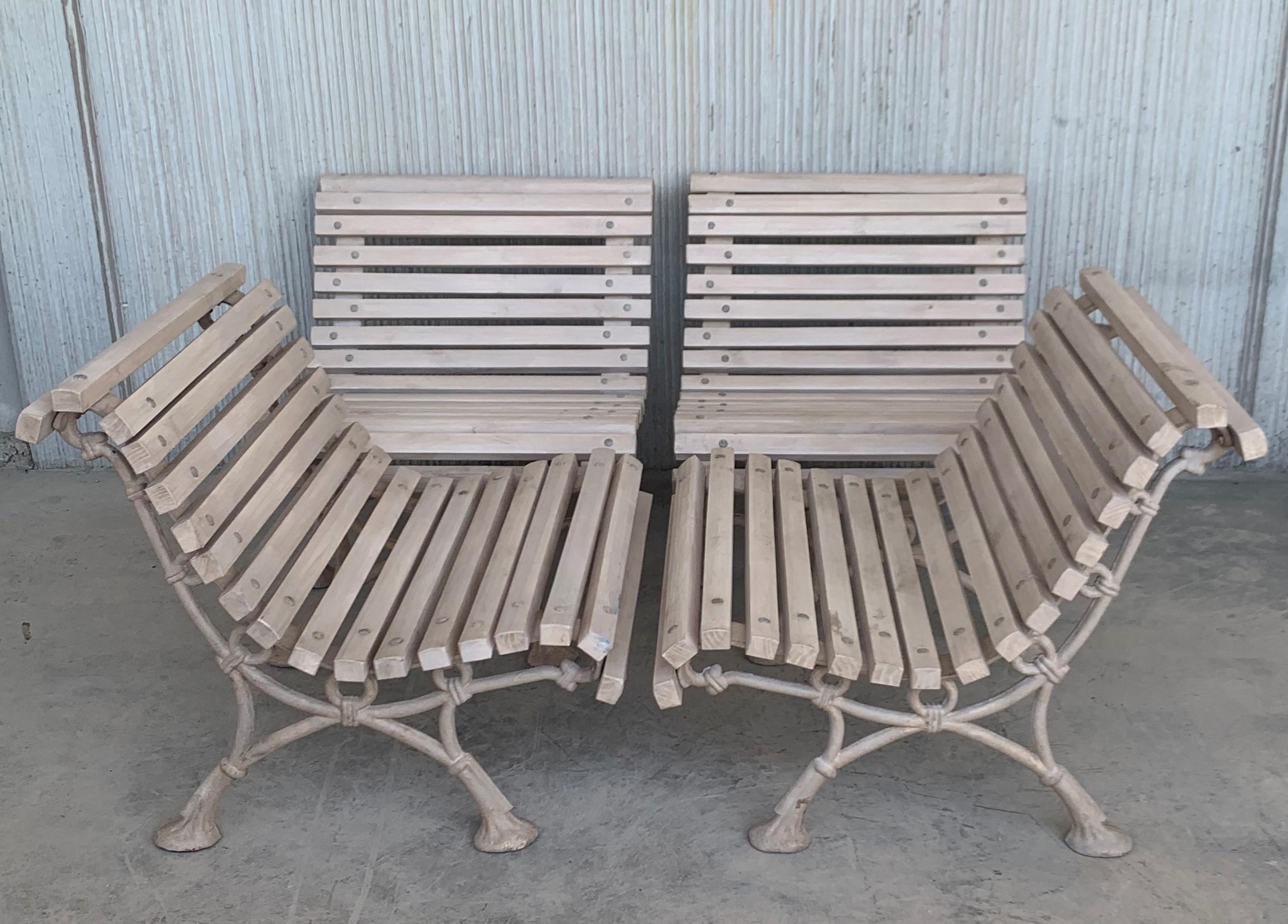 20th Pair of Antiques White Garden Benchs with Wood Slabs & Cast Iron Legs 8