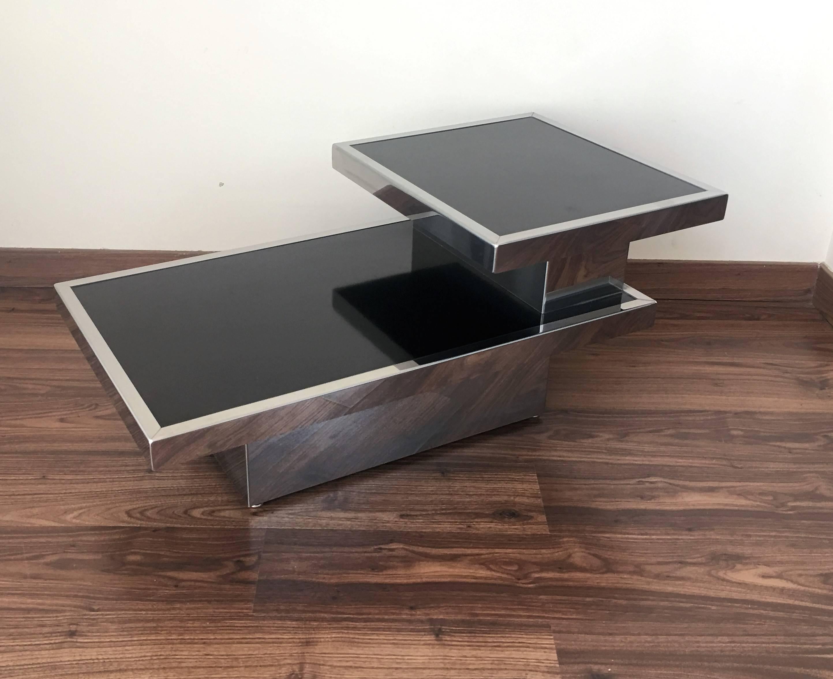 Beautiful 20th century pair of nightstands in chrome and black polish wood
Two-tier end tables in perfect shape. You can make different composition or use like a center table. 

Measurements of the high table: 17.71in x 15.74in 
High to the high