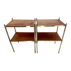 20th Pair of Brass and Leather Side Tables MaisonJansen Style