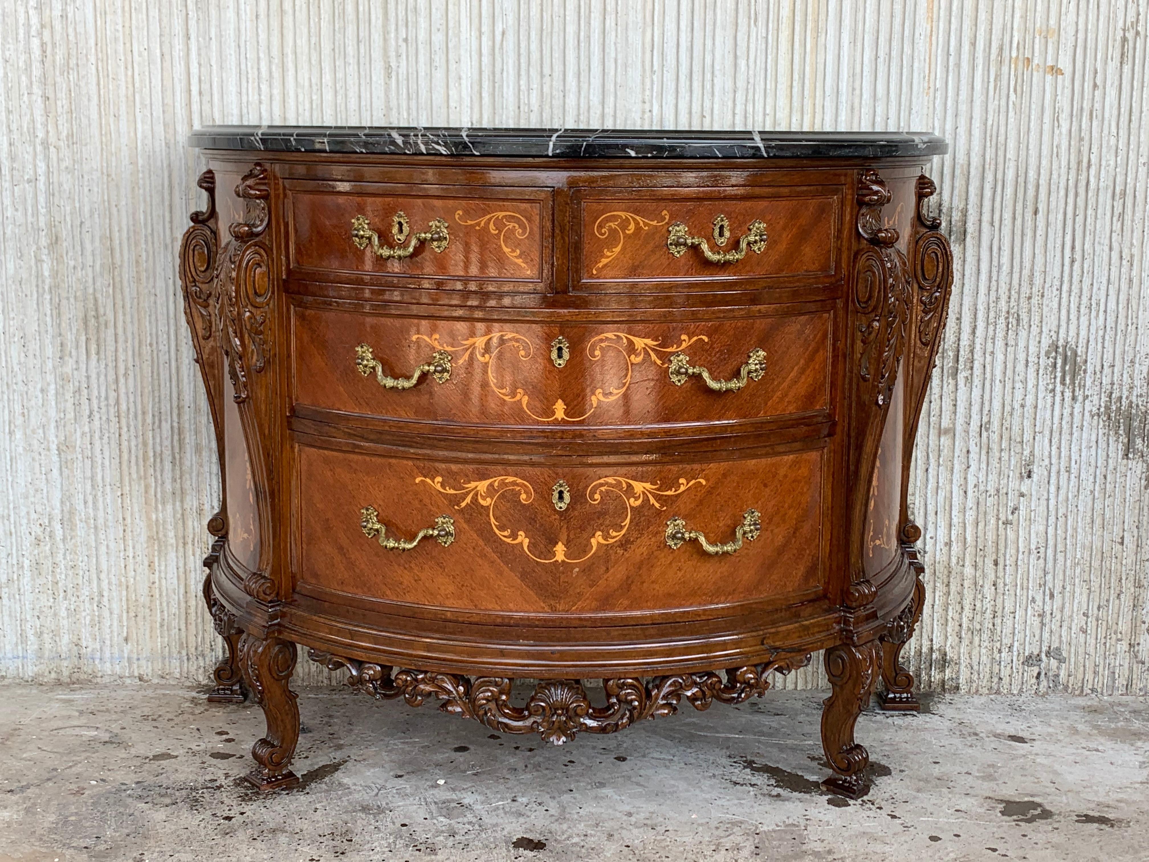 Pair of Carved and Marquetry Nightstands with Two Doors and Hidden Drawer For Sale 8