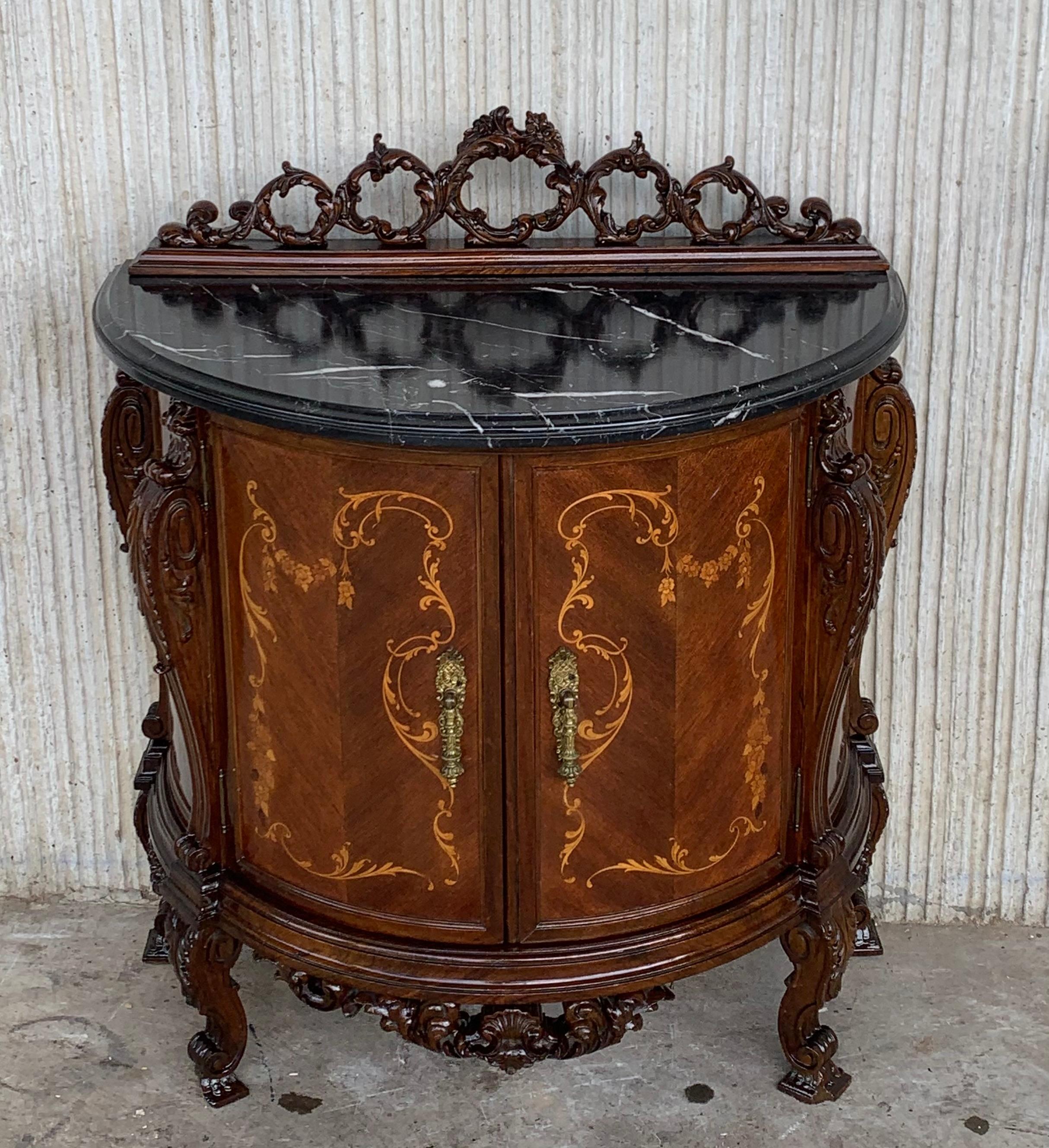 Rococo Revival Pair of Carved and Marquetry Nightstands with Two Doors and Hidden Drawer For Sale