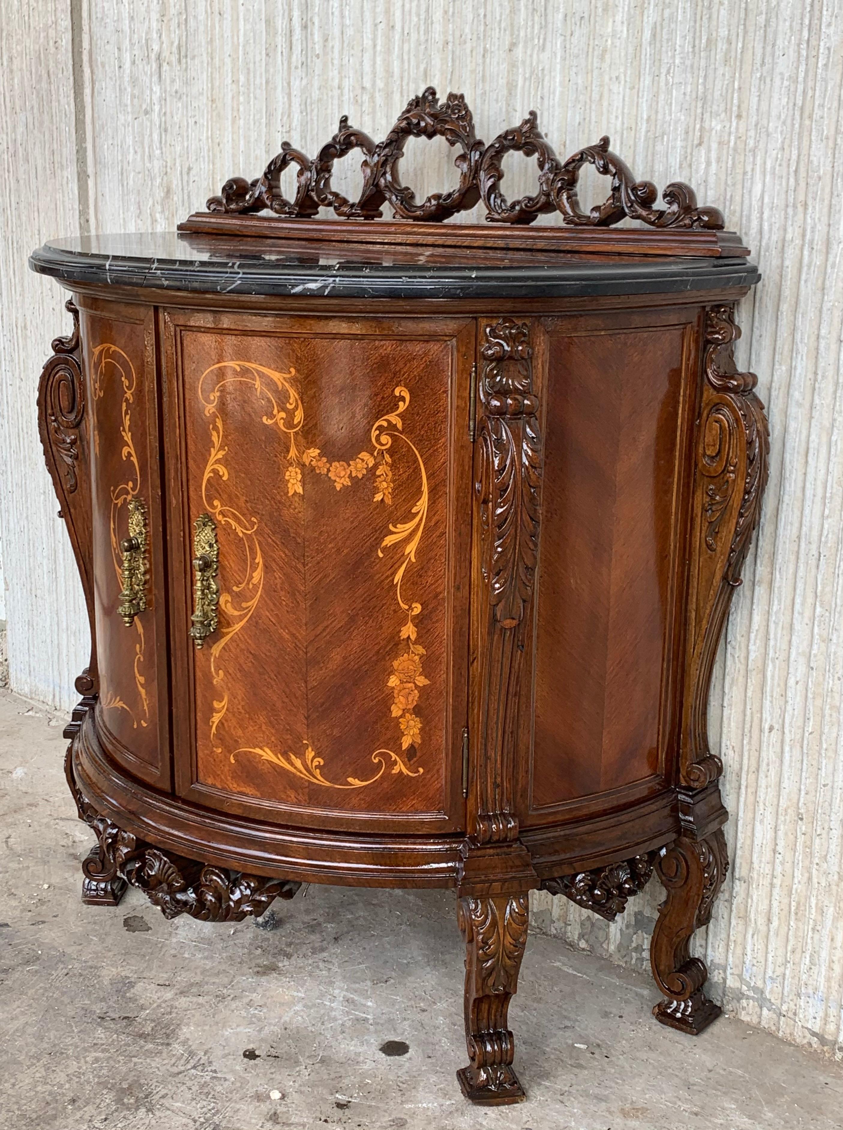 French Pair of Carved and Marquetry Nightstands with Two Doors and Hidden Drawer For Sale