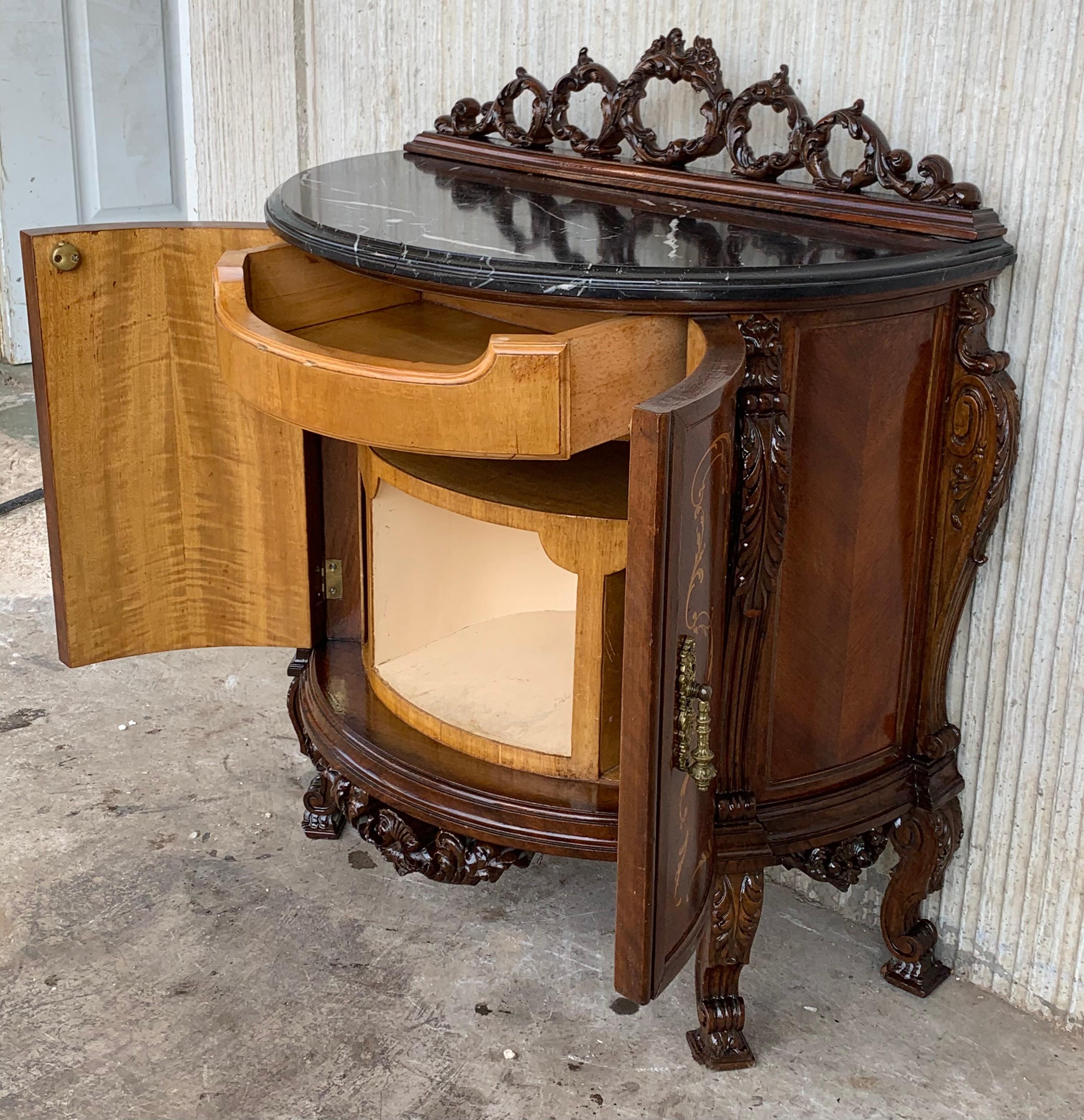 20th Century Pair of Carved and Marquetry Nightstands with Two Doors and Hidden Drawer For Sale