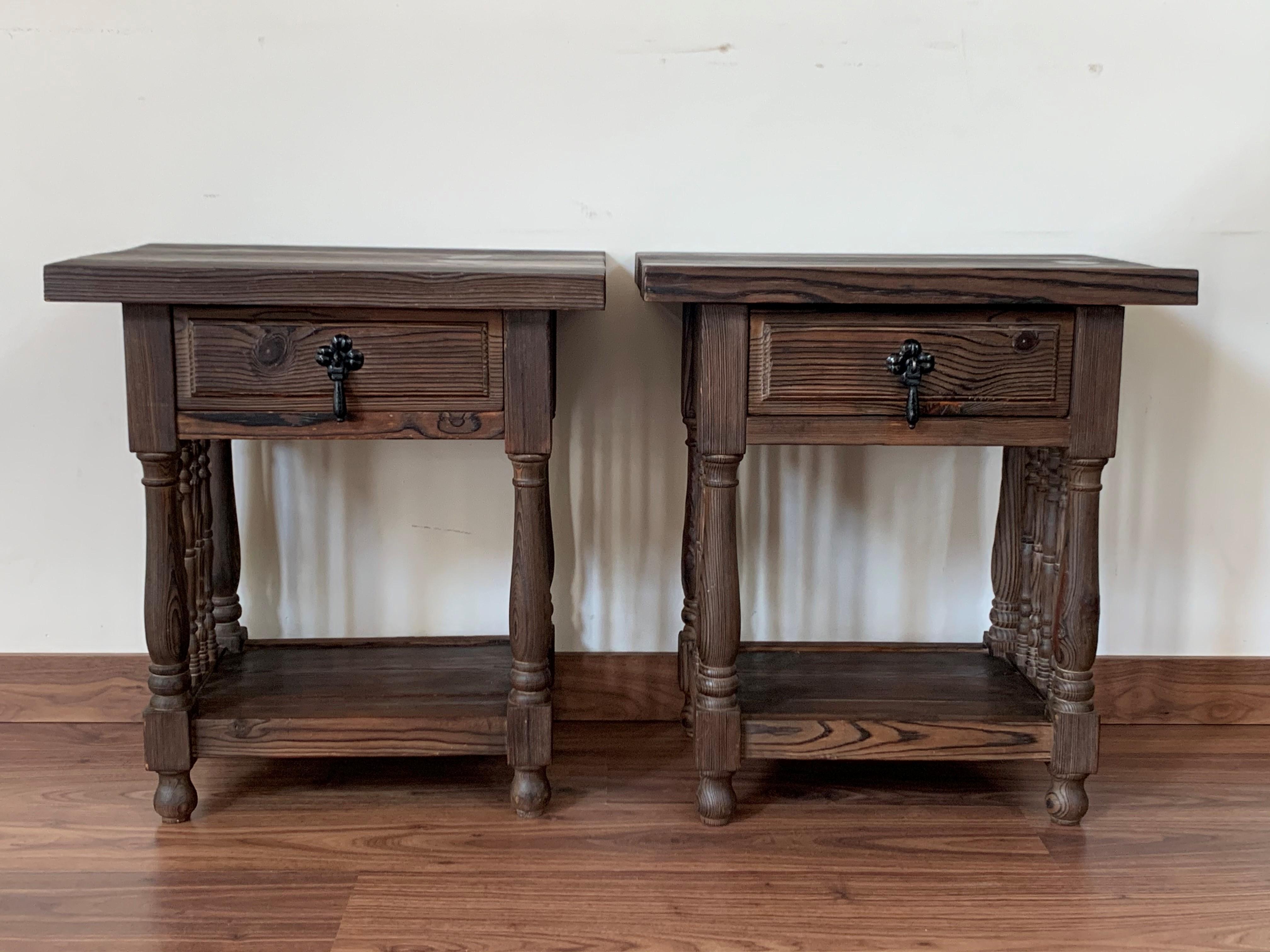 Pair of Catalan, Spanish Nightstands with Carved Bars, Drawer and Open Shelf In Good Condition In Miami, FL