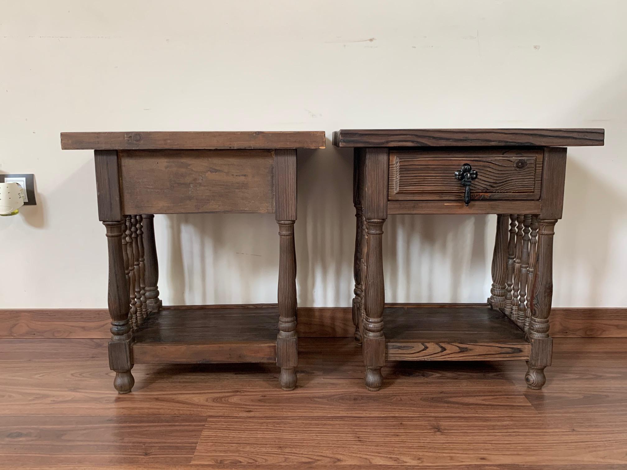 19th Century Pair of Catalan, Spanish Nightstands with Carved Bars, Drawer and Open Shelf