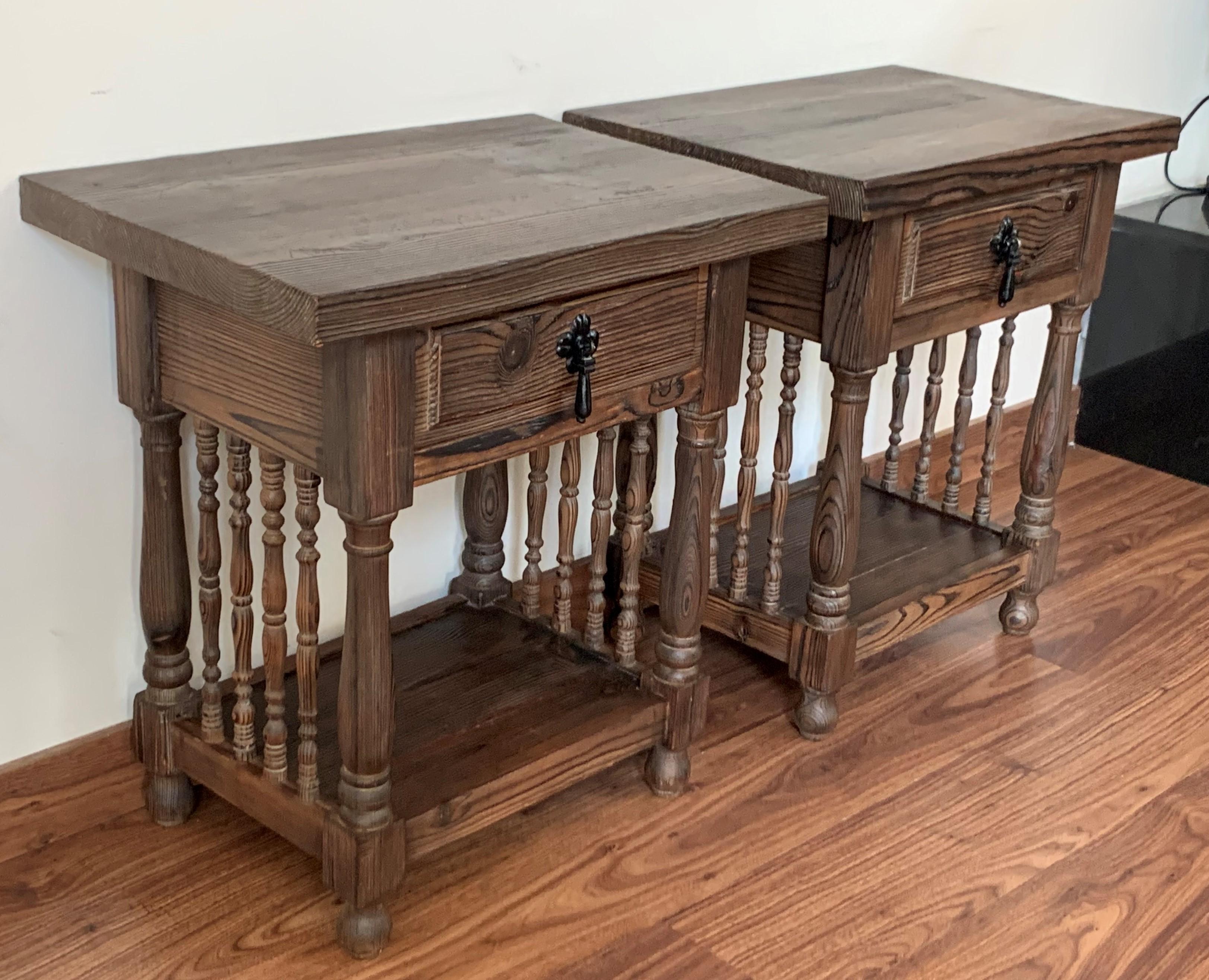 Pine Pair of Catalan, Spanish Nightstands with Carved Bars, Drawer and Open Shelf