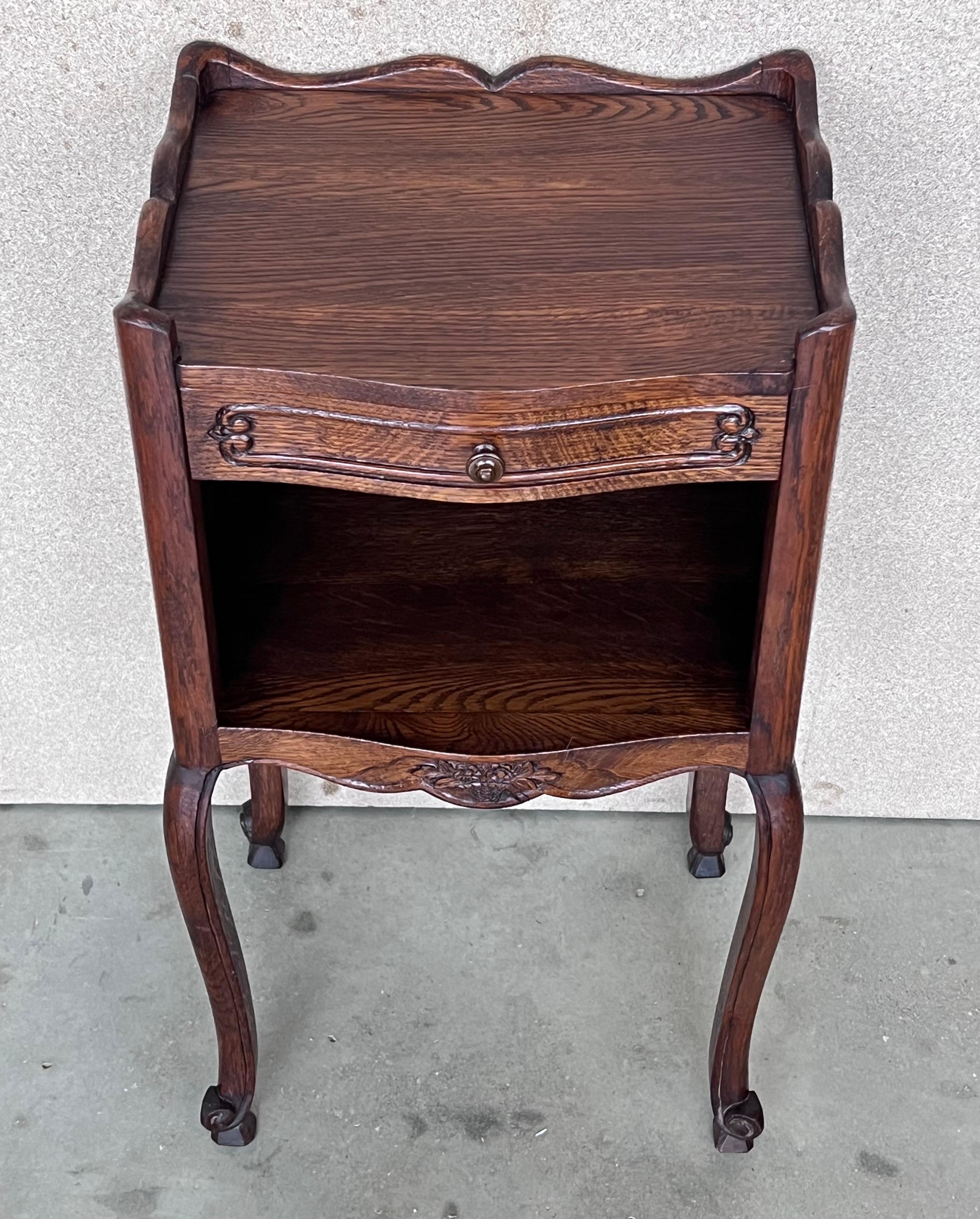 Louis XV 20th Pair of Dark Walnut  Nightstands Tables with Drawer and Open Shelf For Sale
