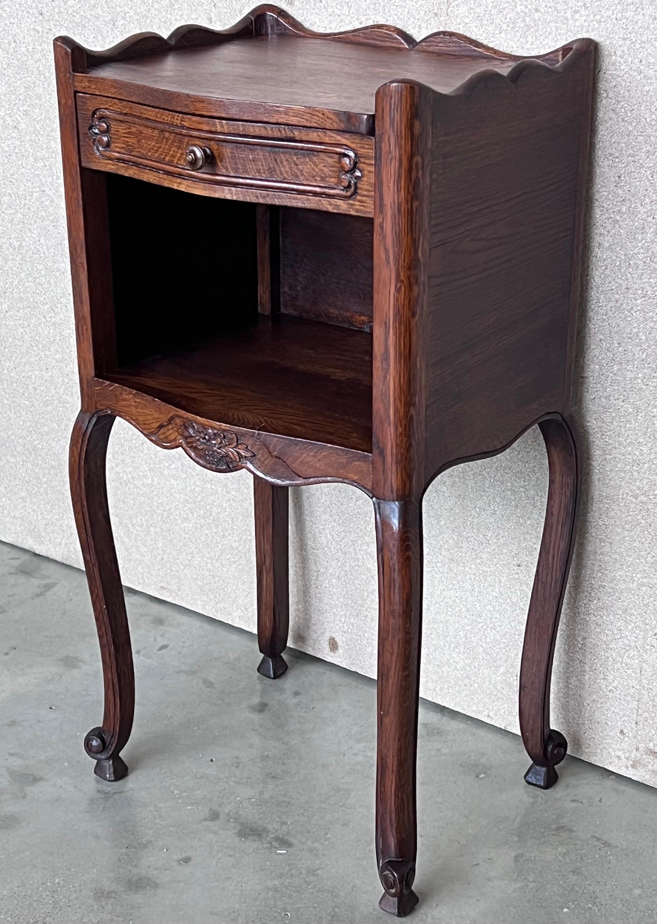 French 20th Pair of Dark Walnut  Nightstands Tables with Drawer and Open Shelf For Sale