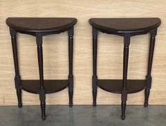 20th Pair of Dark Wood Narrow Demilune Convertible Nightstands with Low Shelve