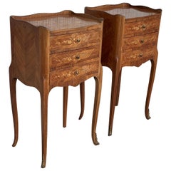 20th Century Pair of Marquetry Walnut Bedside, Nightstands Tables with Drawers