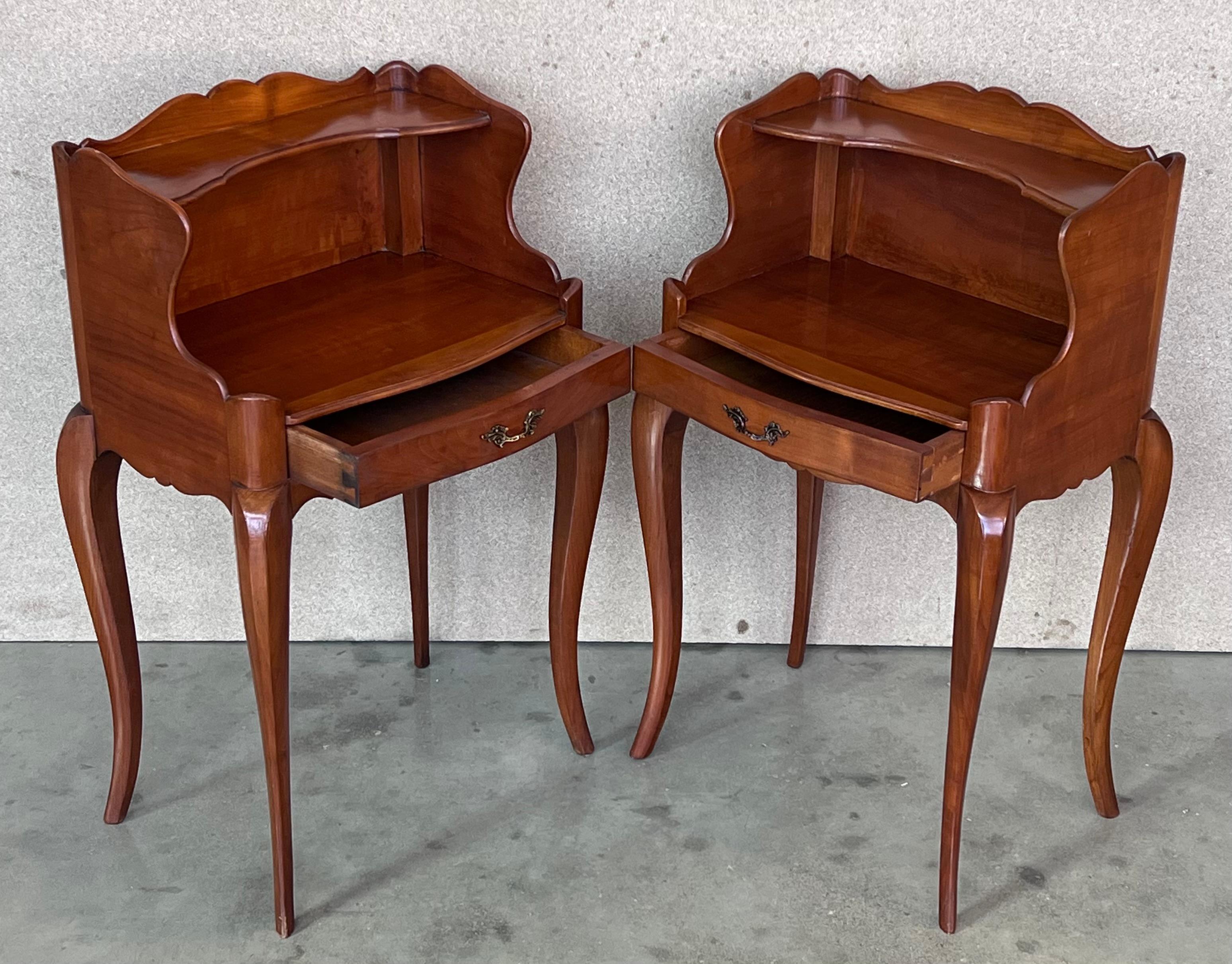 Fruitwood 20th Pair of French Nightstands Tables with Drawer and Open Shelf For Sale