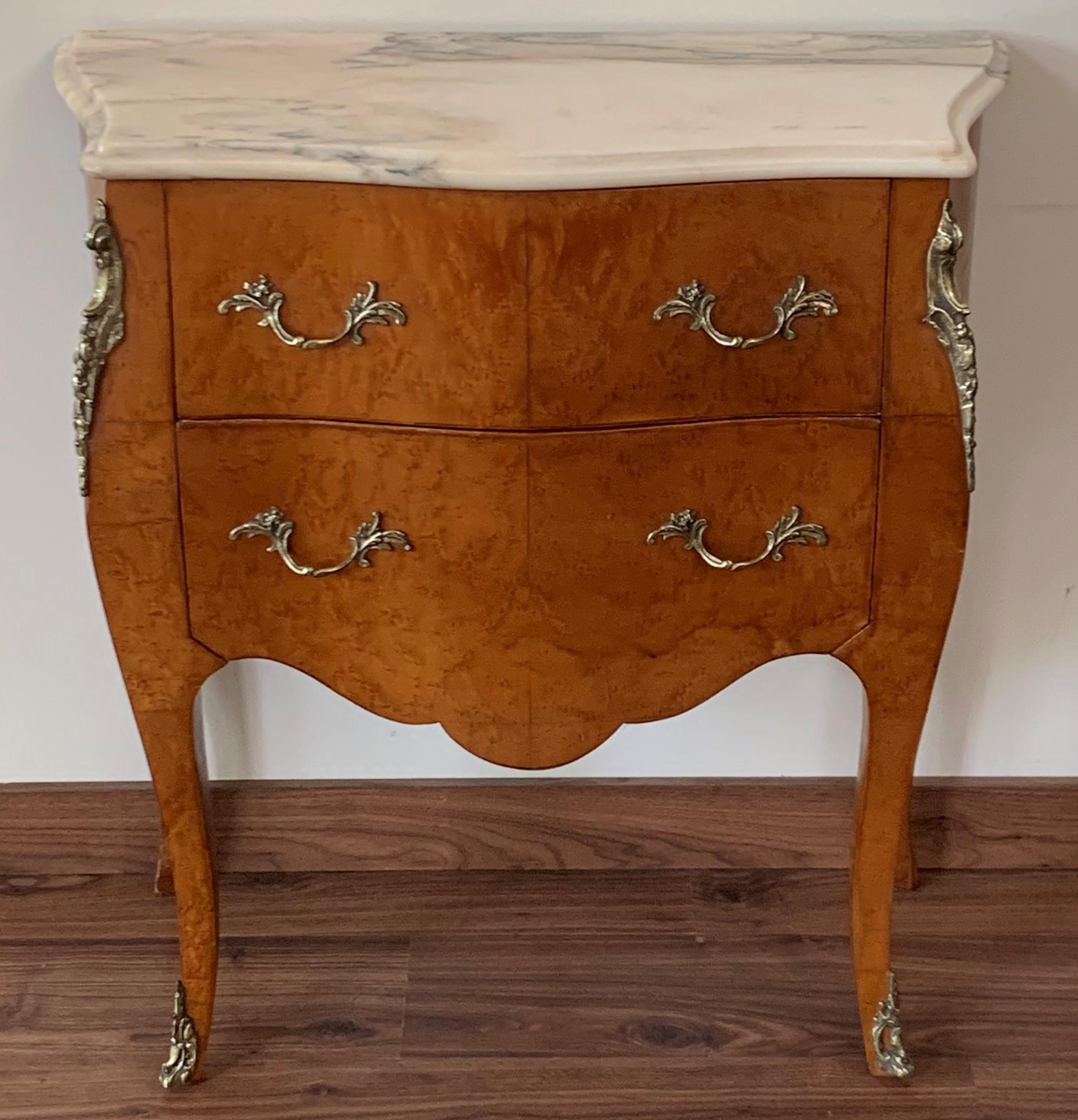 20th century pair of Italian fruitwood two drawers nightstands or bedside commodes with bronze hardware.