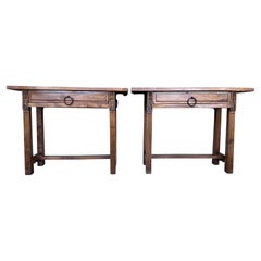 20th Pair of Large Spanish Nightstands or Console with Drawer and Iron Hardware