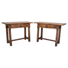 20th Pair of Large Spanish Nightstands or Console with Drawer and Iron Hardware