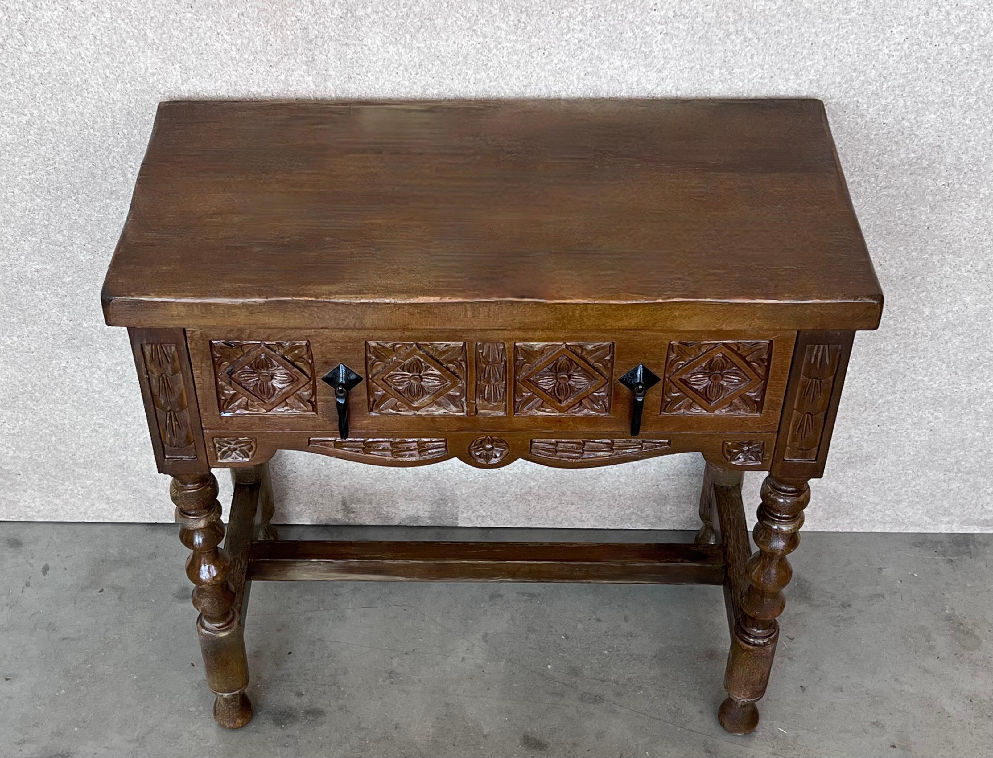20th Pair of Large Spanish Nightstands or Low Console Tables with Drawer In Good Condition In Miami, FL