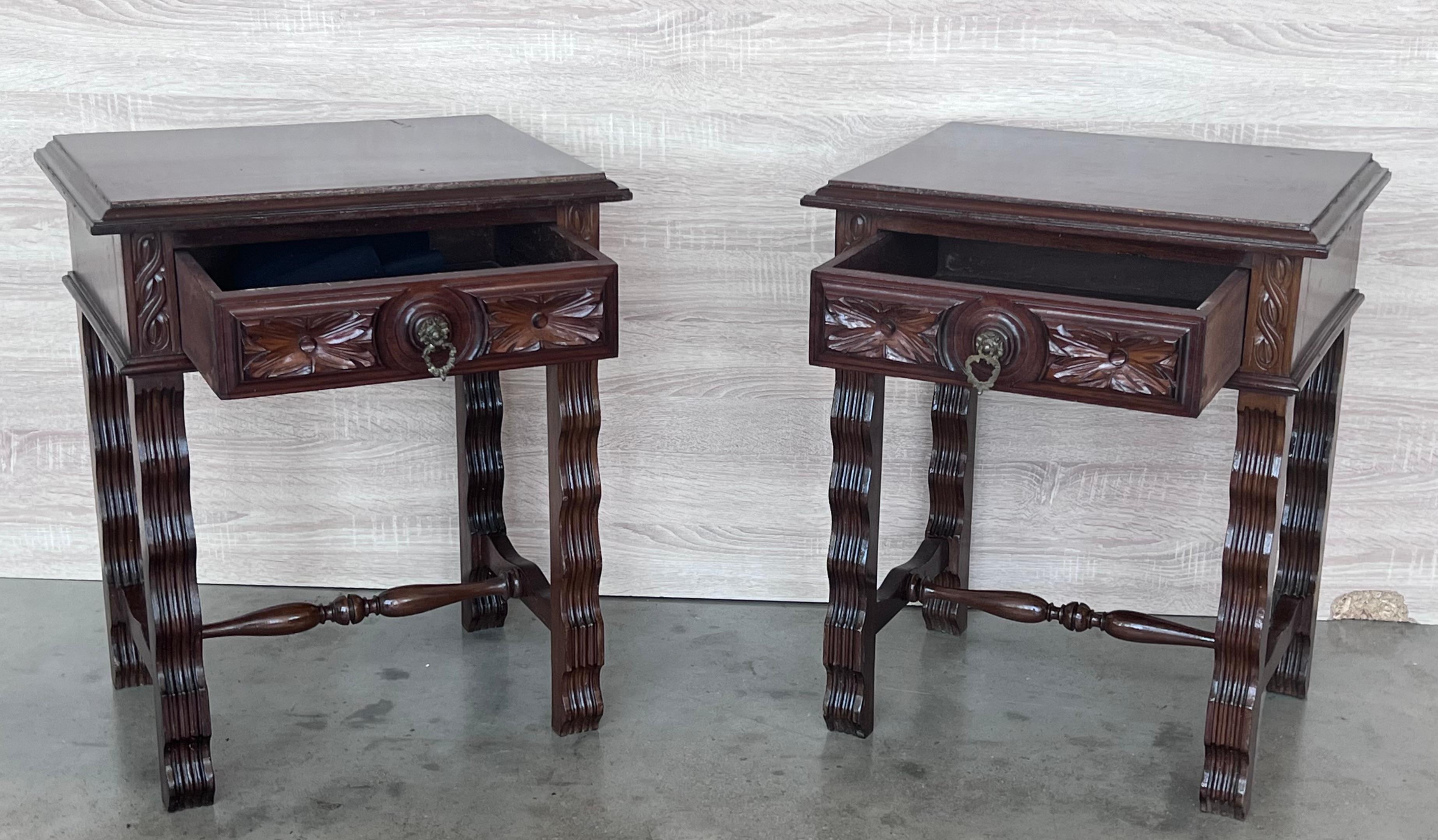 Carved 20th Pair of Large Spanish Nightstands or Low Console Tables with Drawer For Sale