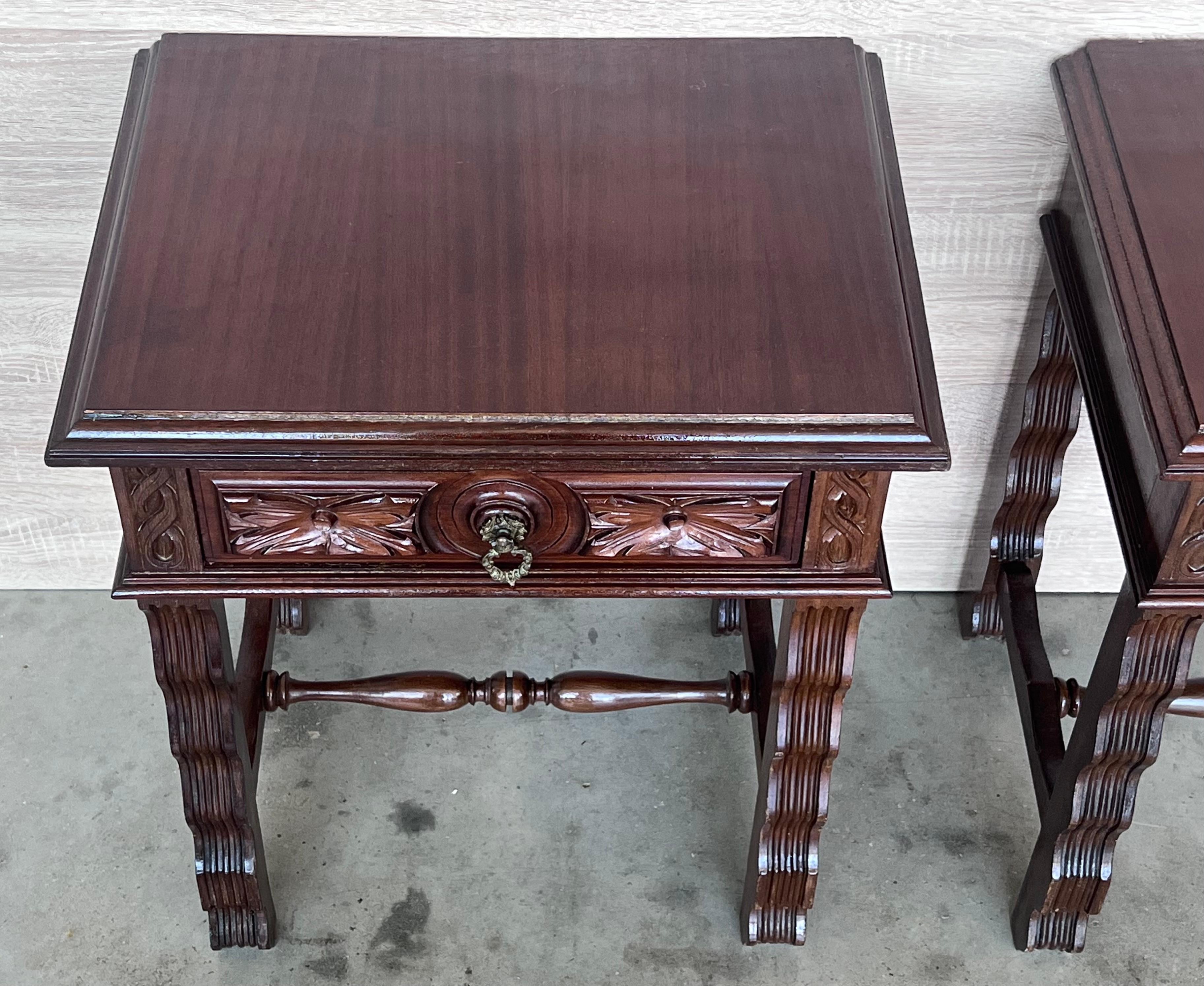Iron 20th Pair of Large Spanish Nightstands or Low Console Tables with Drawer For Sale