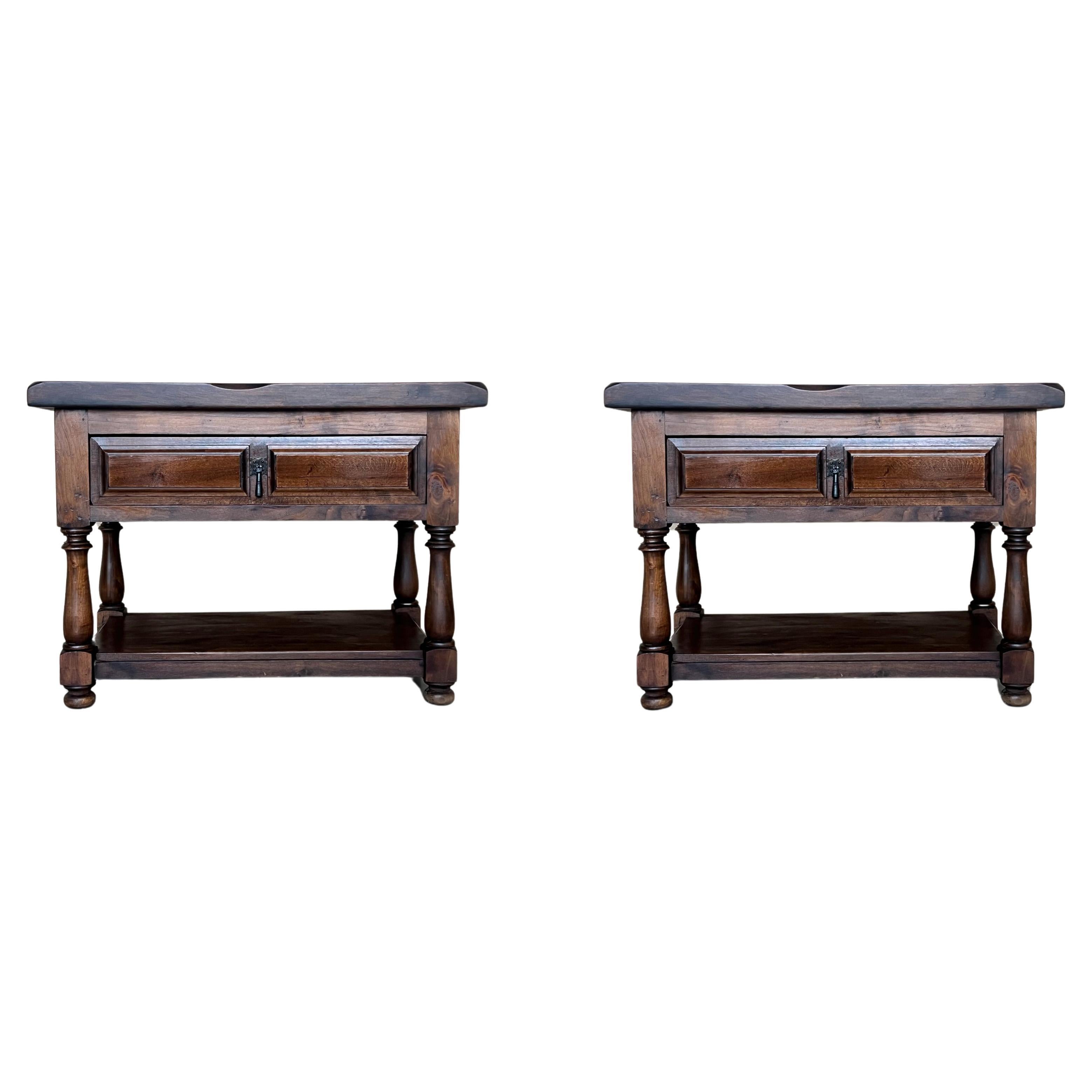 20th Pair of Large Spanish Nightstands or Low Console Tables with Drawer For Sale