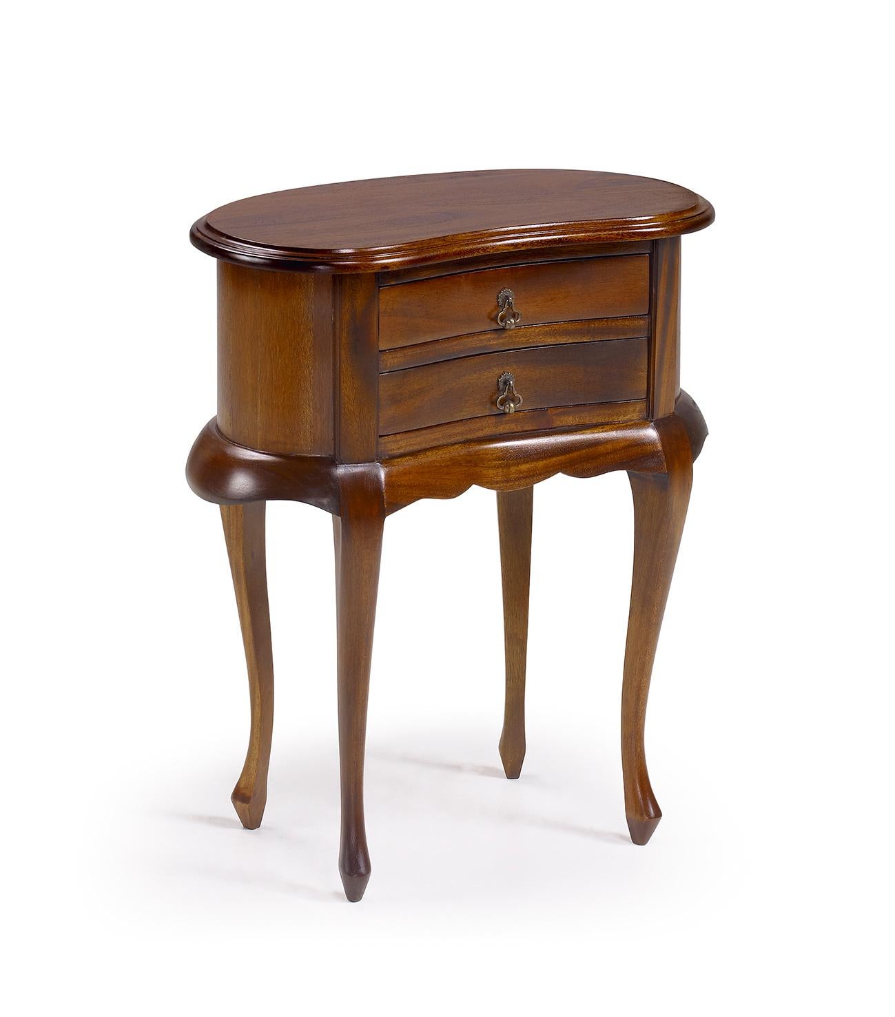 20th century pair of mahogany nightstands with kidney shape and two drawers.