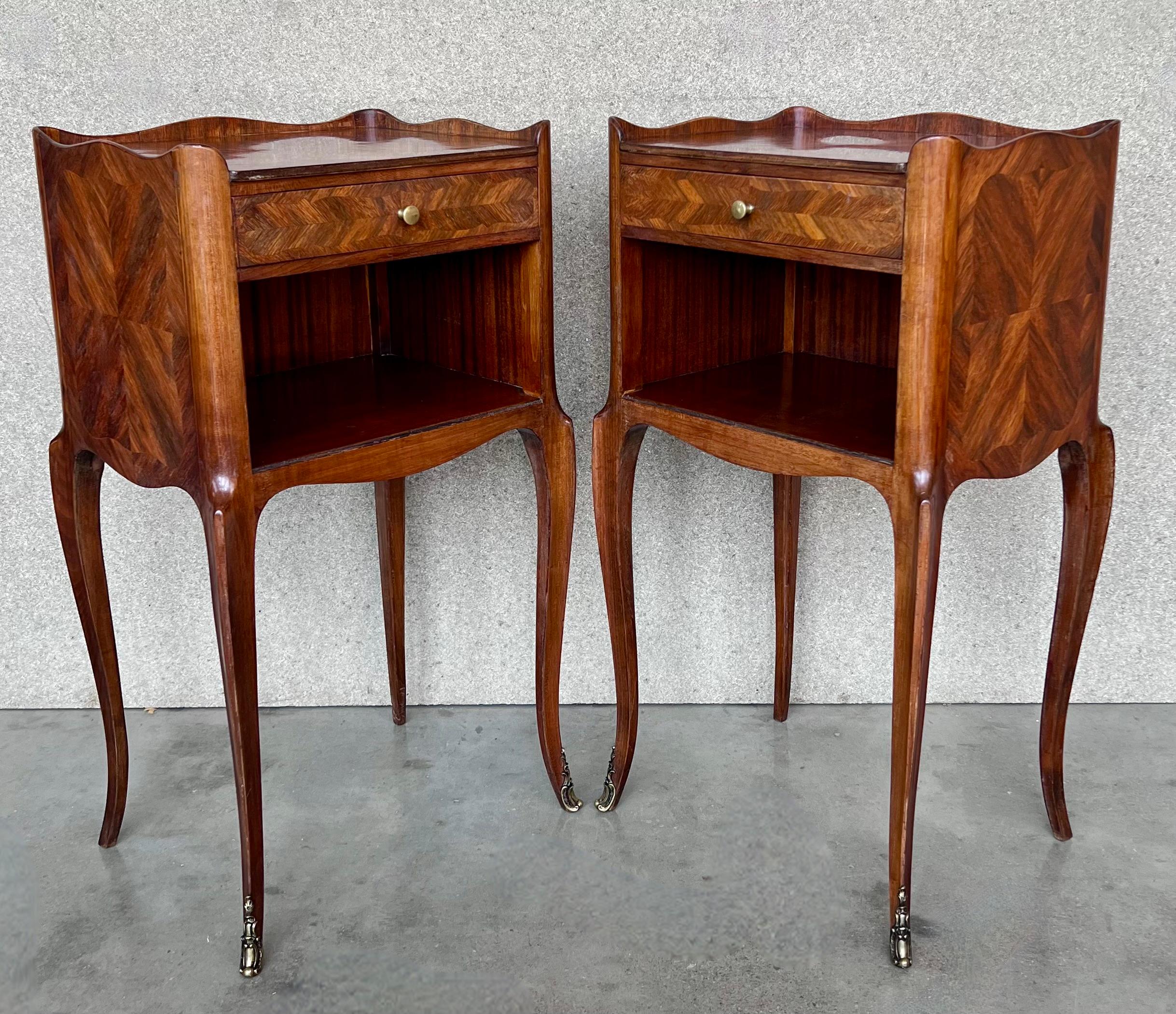 Louis XV 20th Pair of Marquetry Walnut  Nightstands Tables with Drawer and Open Shelf For Sale