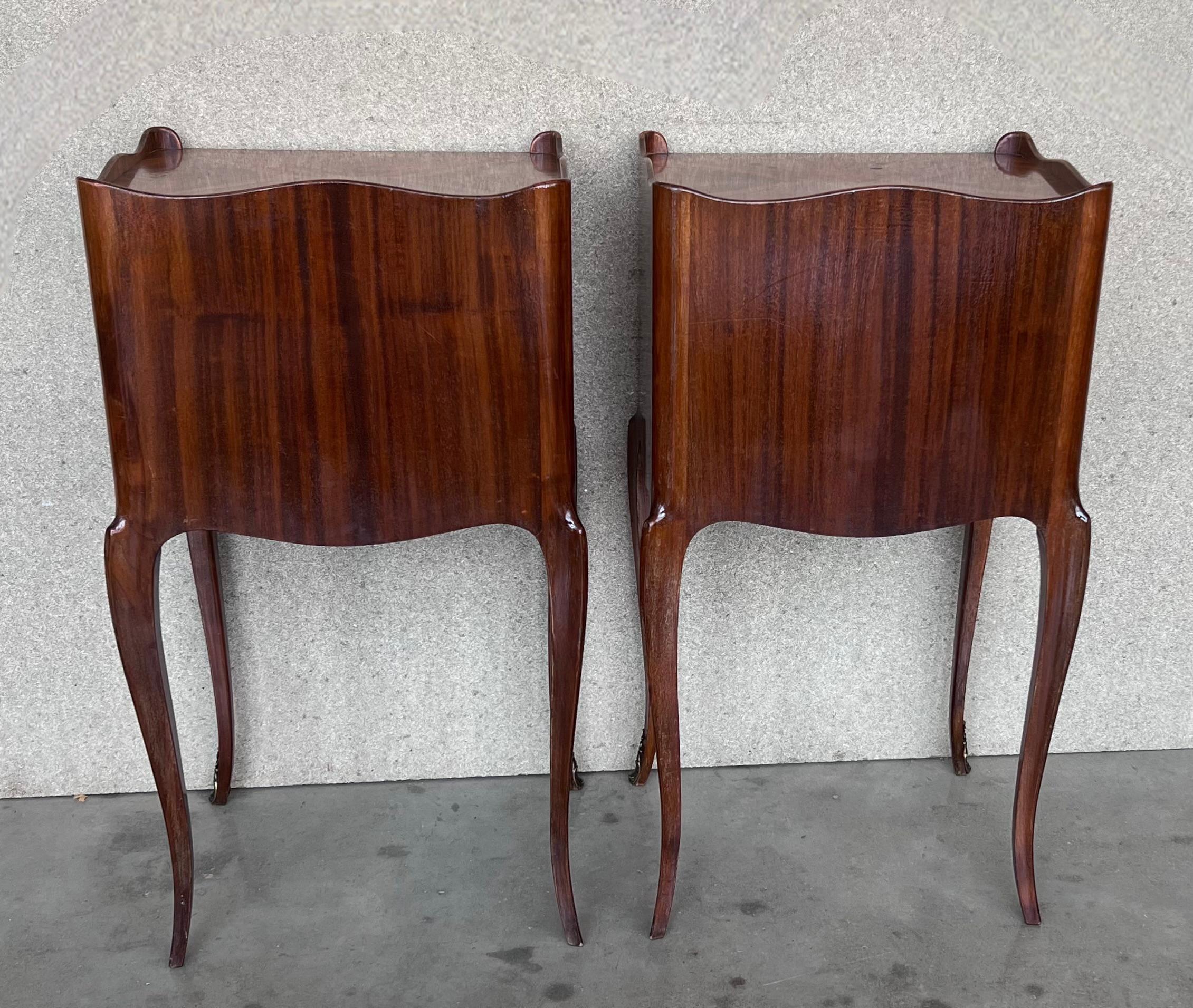 French 20th Pair of Marquetry Walnut  Nightstands Tables with Drawer and Open Shelf For Sale