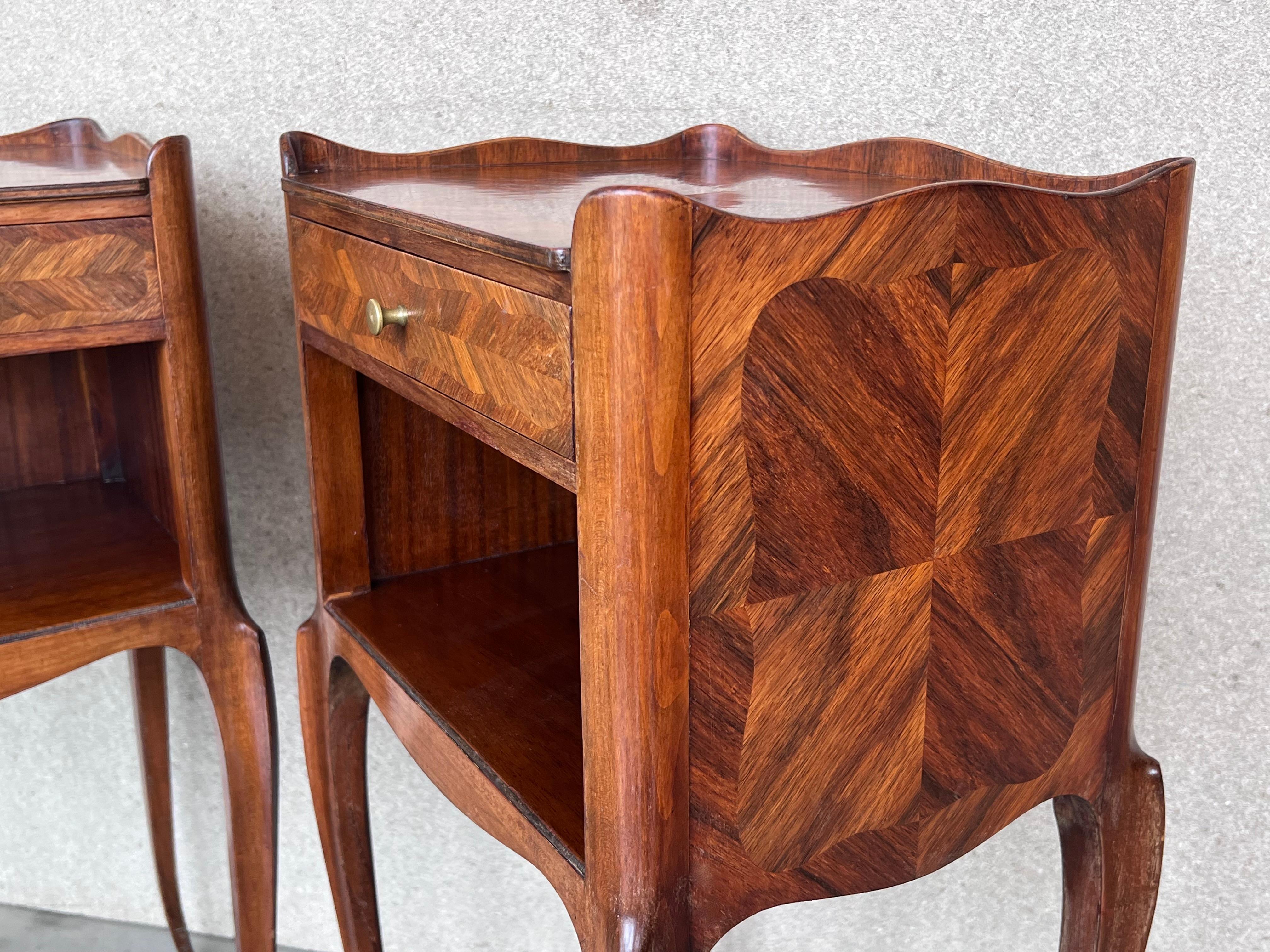 20th Century 20th Pair of Marquetry Walnut  Nightstands Tables with Drawer and Open Shelf For Sale