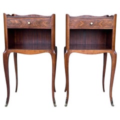 20th Pair of Marquetry Walnut  Nightstands Tables with Drawer and Open Shelf