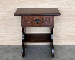 20th Pair of Narrow Spanish Nightstands with Carved Drawer and Low Shelve